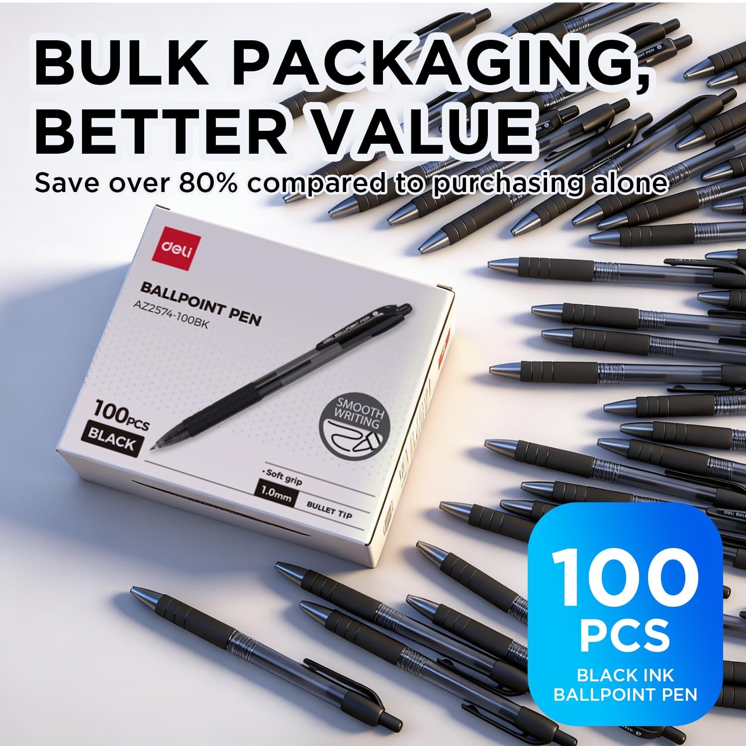 deli Ballpoint Pens Black Ink 100 Pack 1.0MM