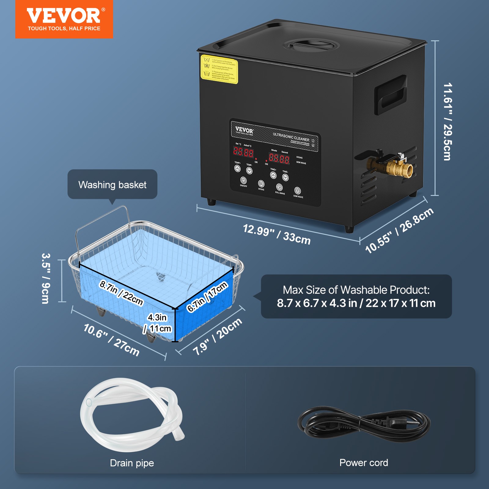 VEVOR 10L Ultrasonic Cleaner Cleaning Machine with Basket Heater and Timer 240W