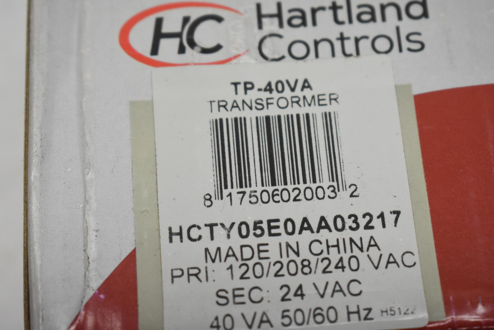 Hartland Controls TP-40VA 40VA Transformer 120/208/240V To 24VAC HCTY05E0AA03