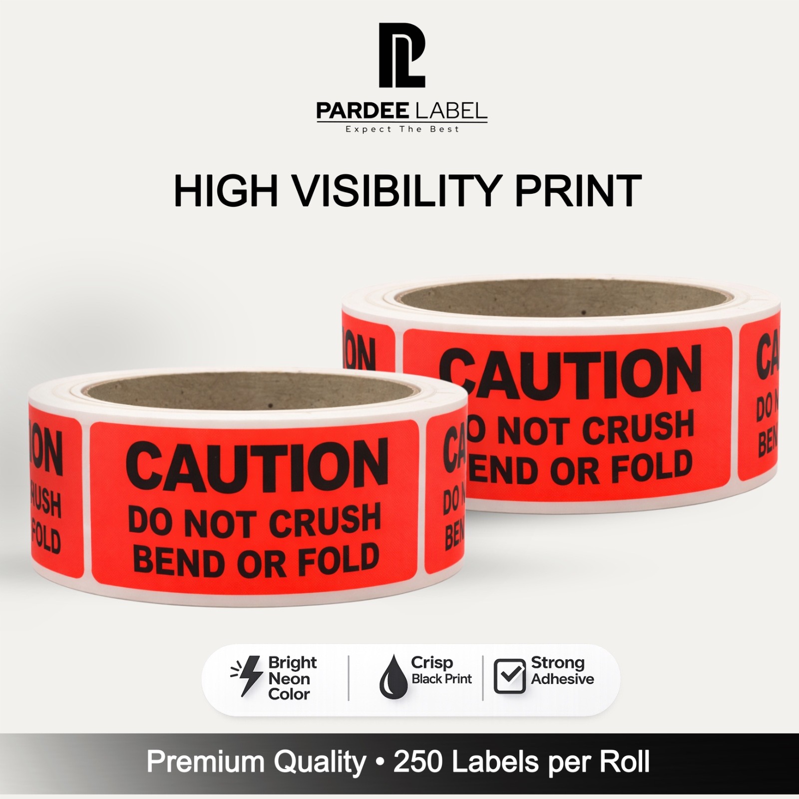 Caution Stickers Neon Red 1” x 3” Do Not Crush Bend or Fold 250 Labels/Roll