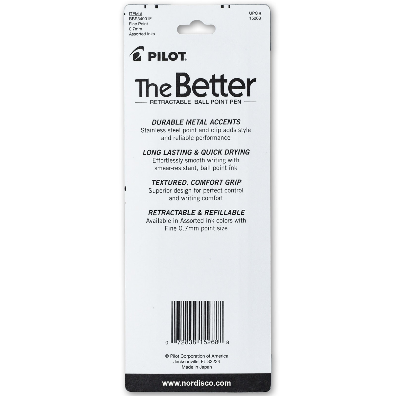Pilot 15268 Better Retractable Fine 0.7mm Ballpoint Pens Asst Colors, Pack of 3