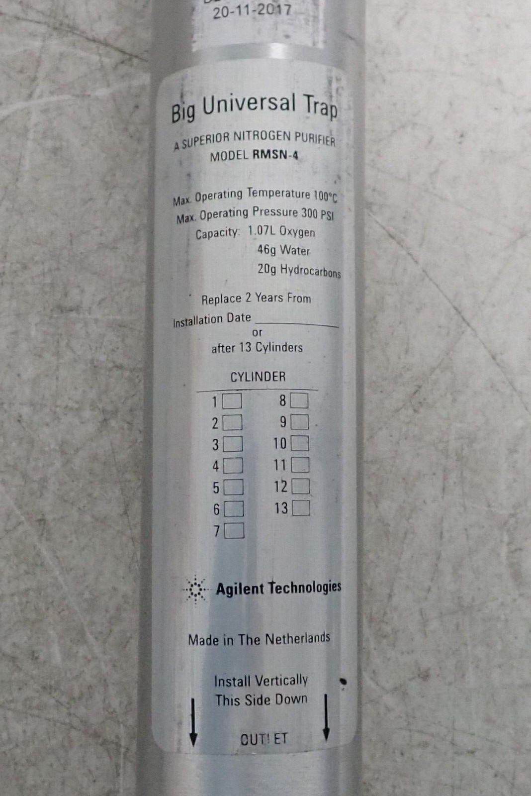 Agilent Technologies RMSN-4 300 PSI Nitrogen Purifier Big Universal Trap