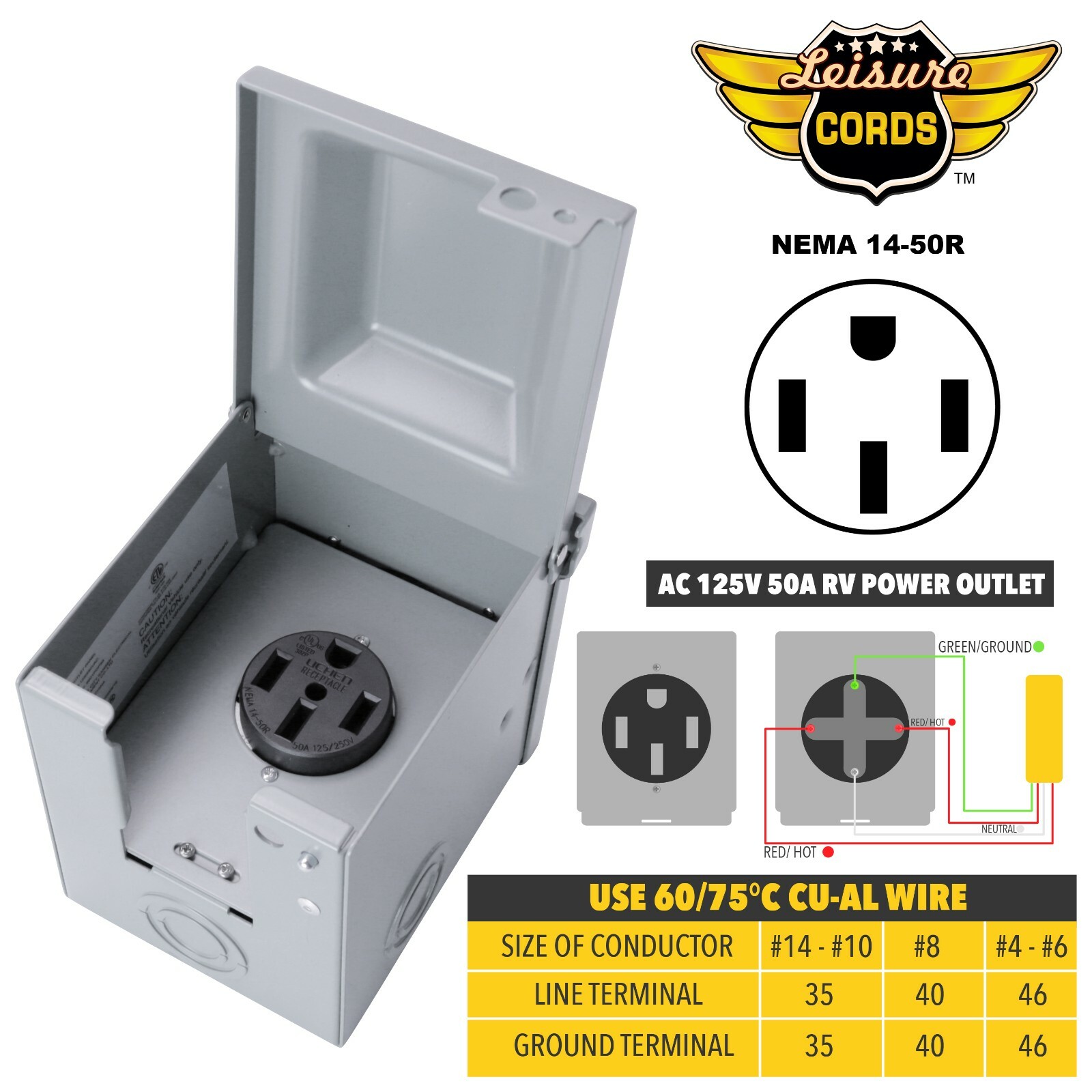 Leisure Cords Power Outlet Box 3R Enclosure ETL Listed 50 AMP NEMA 14-50R