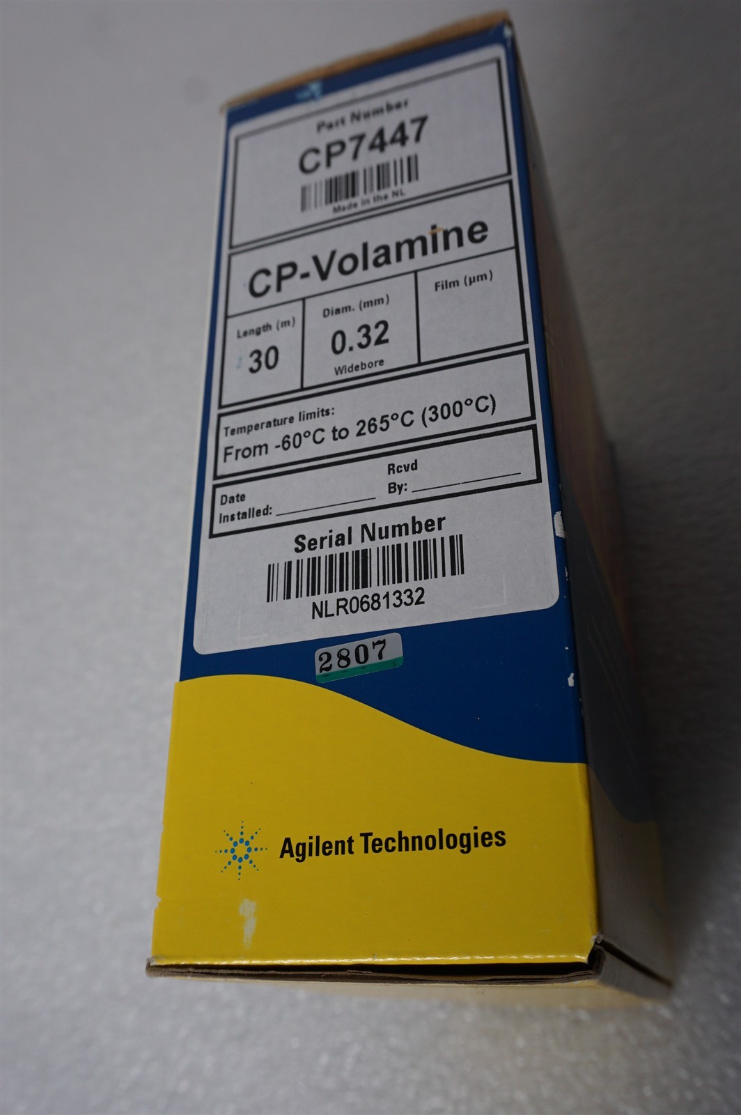 J&W CP-Volamine Column Part Number CP7447, GC Column, 30 m, 0.32 mm, 7 inch cage