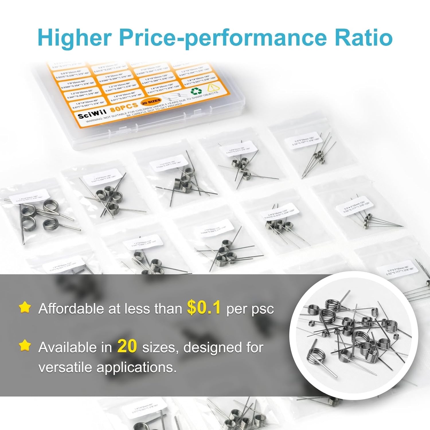 80PCS Torsion Spring Assortment Kit, 20 Sizes 60/90/120/180 Degree Small Torsion