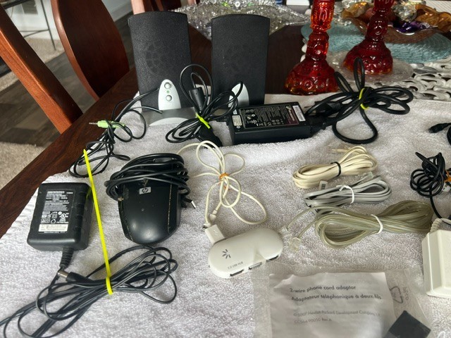 LOT OF MISC COMPUTER / PHONE / TV CABLES WIRES SPEAKERS CHARGERS
