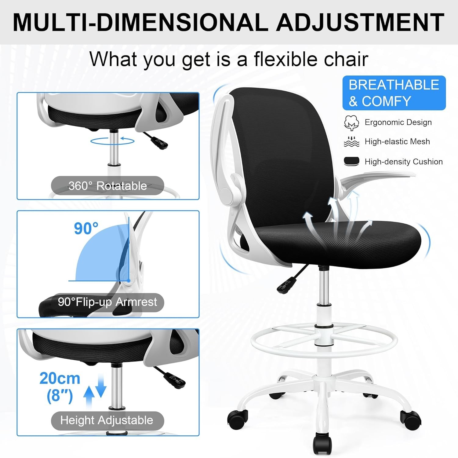 Ergonomic Drafting Chair with Flip-up Armrests – White