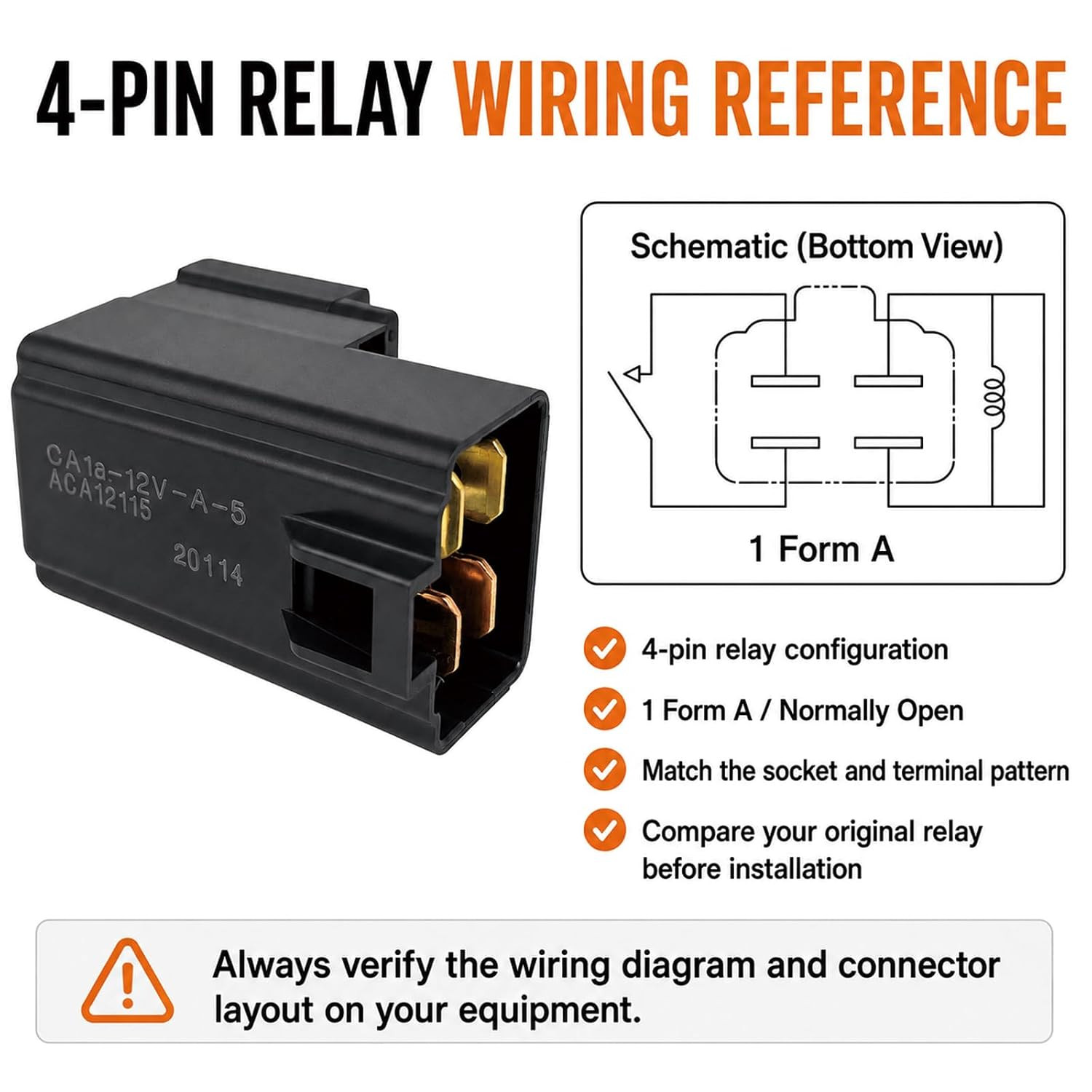 Ca1A-12V-A-5 ACA12115 Relay 12V 30A 4-Pin 1 Form a (1-Pack) | Compatible with Se
