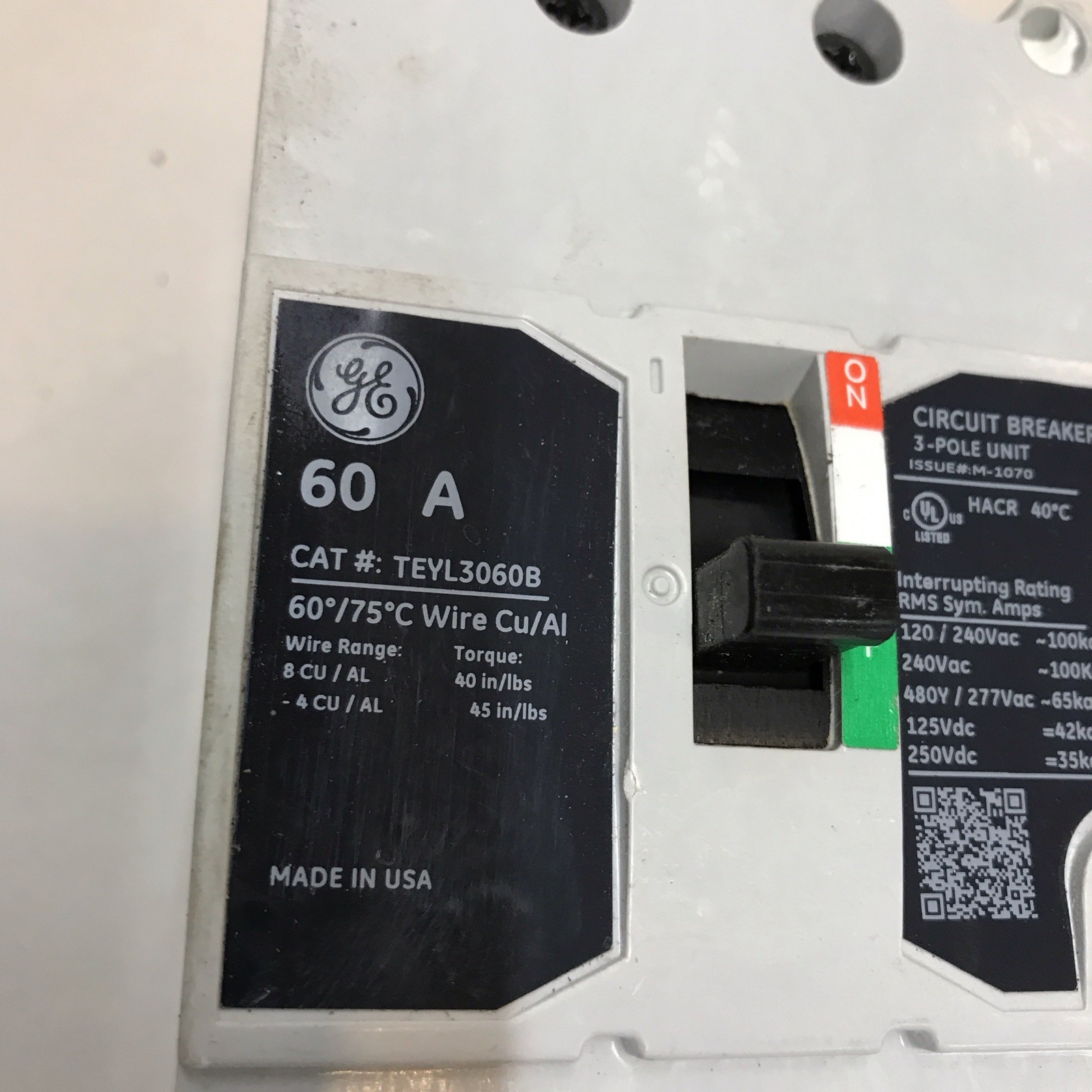 G.E. TEYL3060B CIRCUIT BREAKER 60A 3P 480V