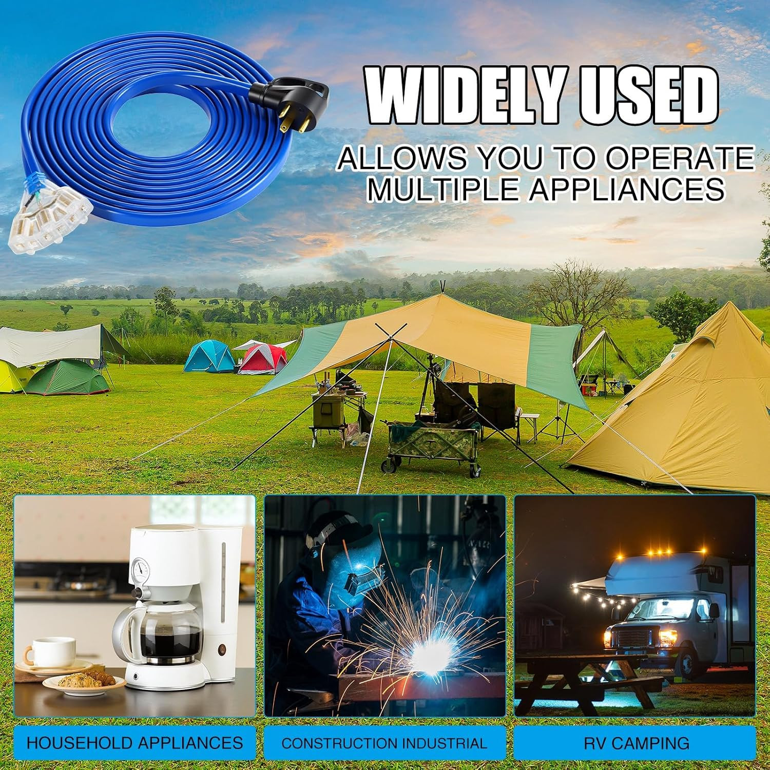 35 FT Flat RV Generator Adapter Cord NEMA TT-30P to 3X 5-20R/5-15R, 30A to 110V
