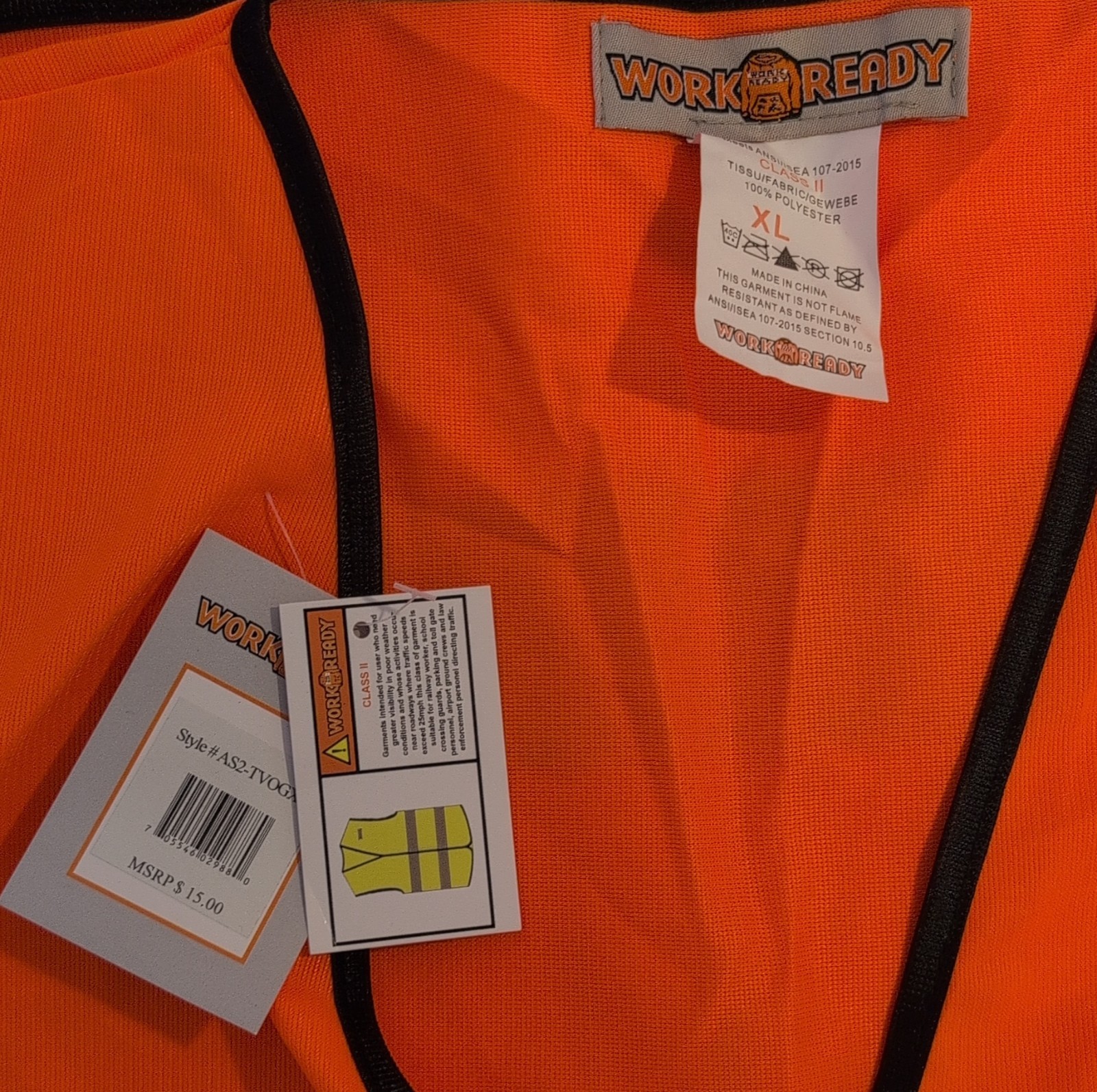 WORK READY Hi-Visibility Orange Safety Vest XL Reflective Stripes