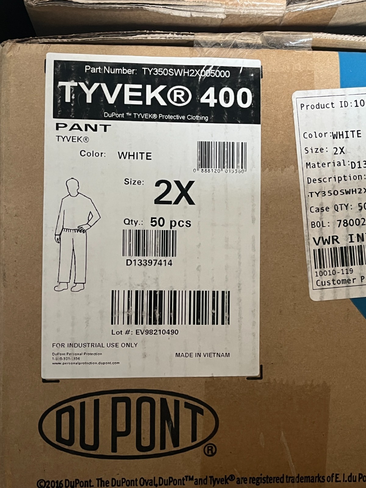DuPont Tyvek 400 Disposable Pants, White, Protective Workwear, 2XL, 50 ct.