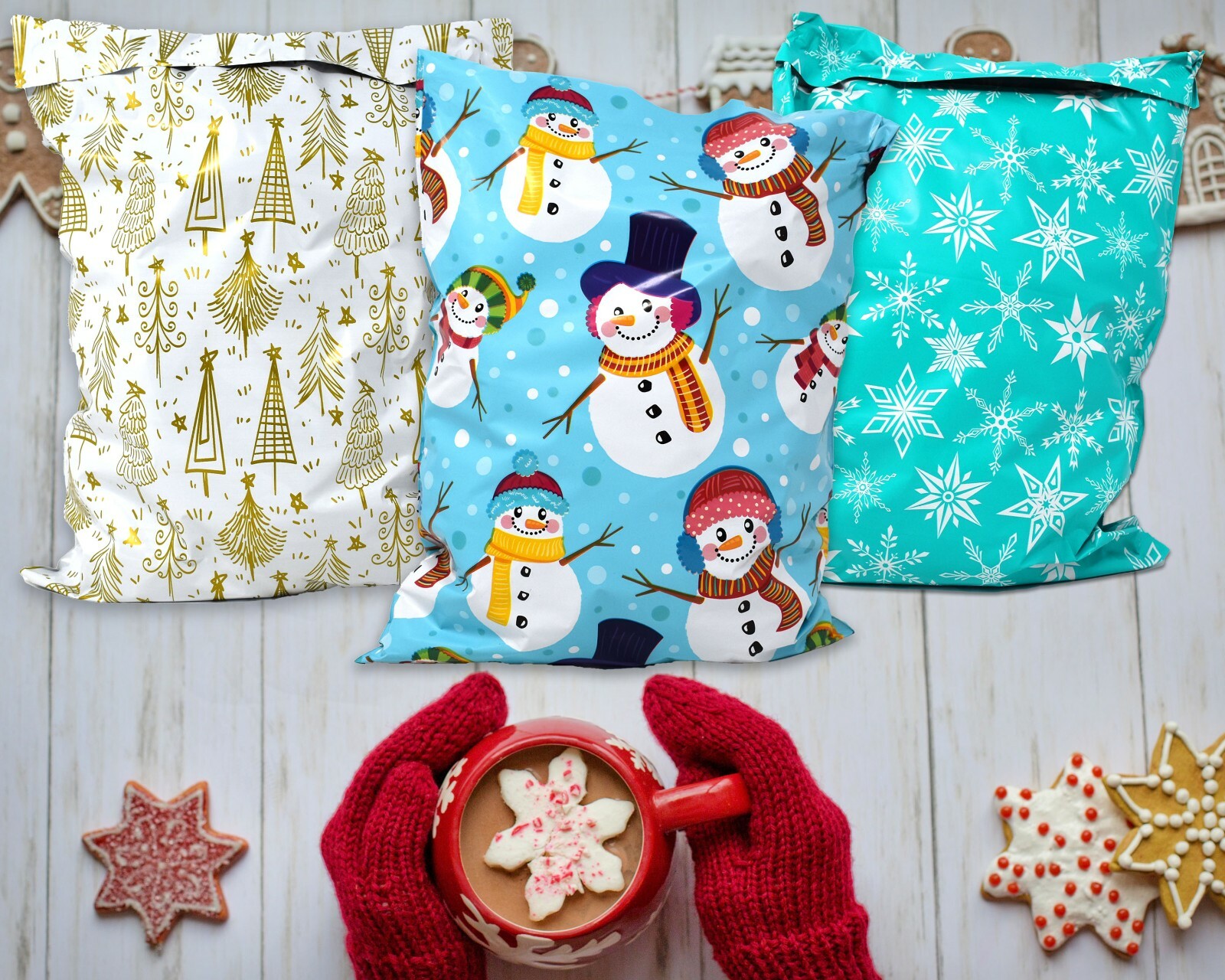 NEW 10×13 Fall, Christmas, Snowmen, Teal Snowflakes, Trees Poly Shipping Mailers