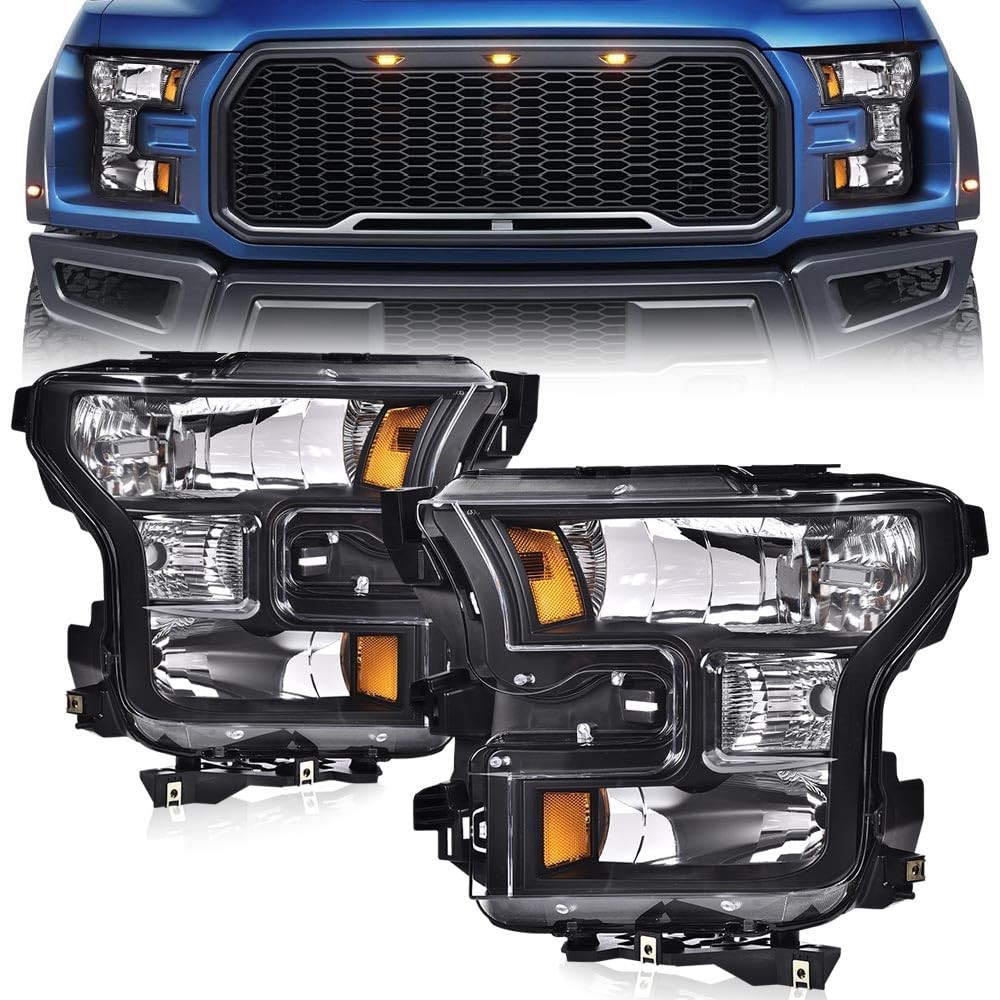 Headlights For 2015-17 Ford F150 Front Clear Lens Black Housing Amber Reflector
