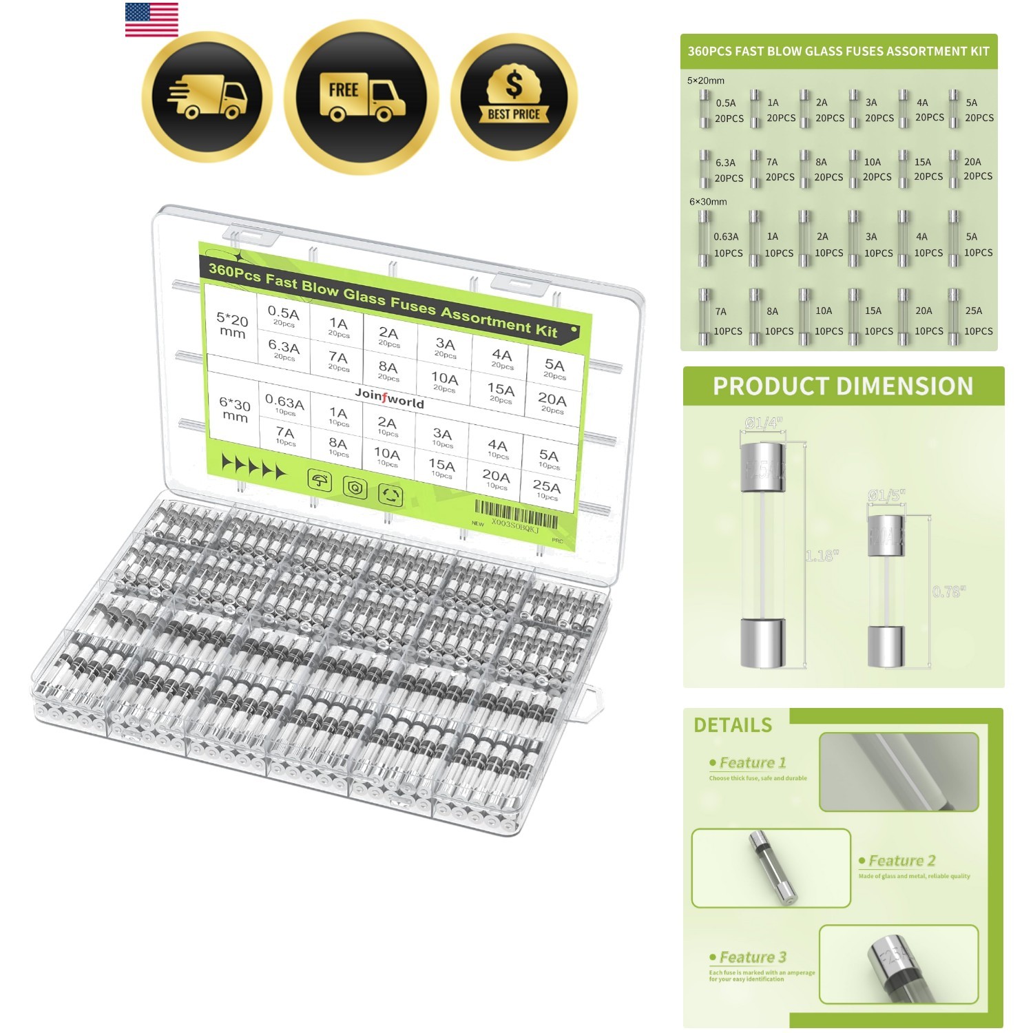 360Pcs Fast Blow Glass Fuse Assortment Kit 24 Values Automotive Fuses Kit 250…