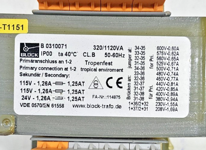 Block B 0310071 IP00 Transformer Pri,208-600VAC50/60Hz Sec,24-115VAC50/60Hz