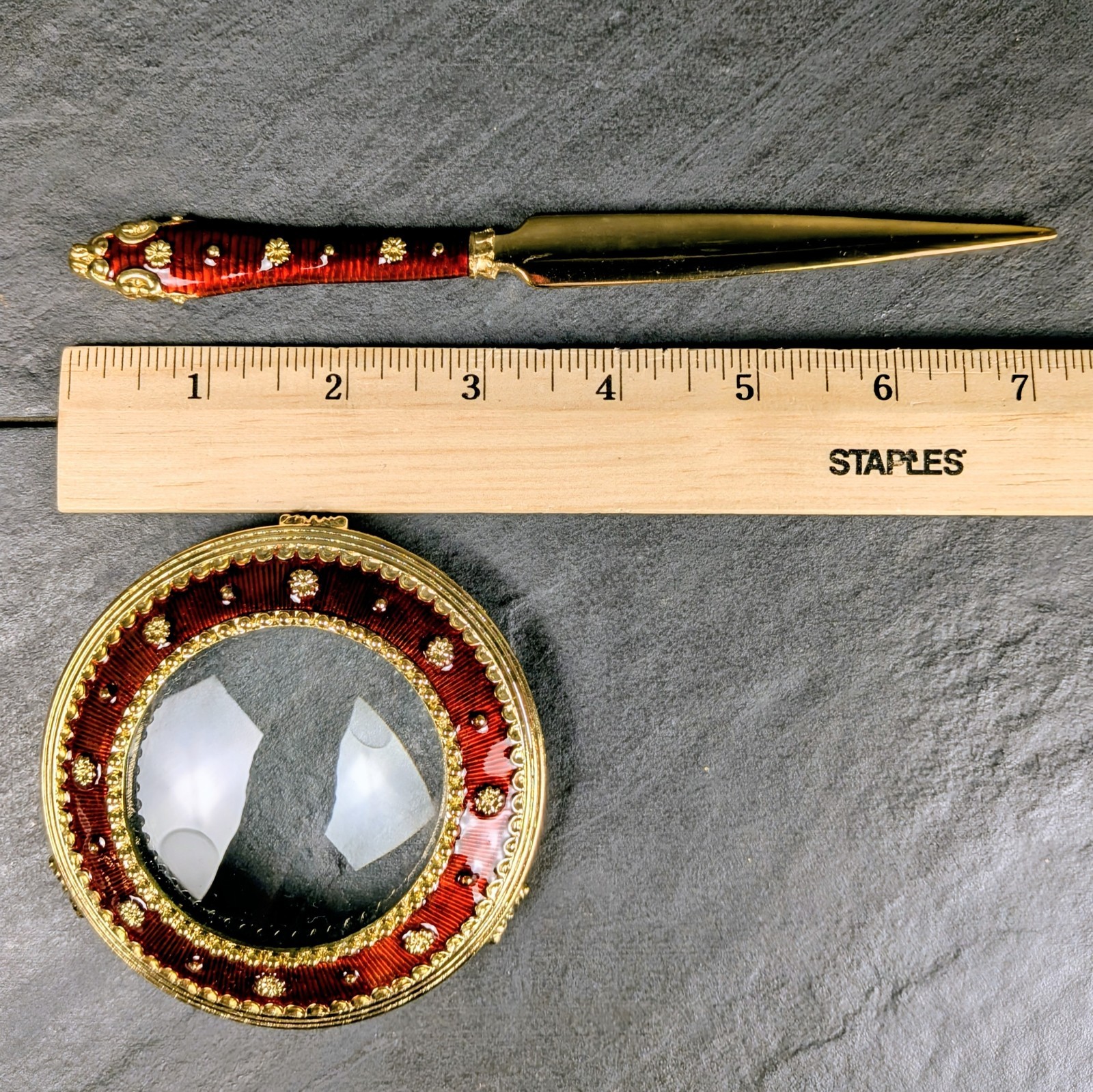 Vintage Bombay Co Red Enamel Magnifying Glass Letter Opener Set Boxed