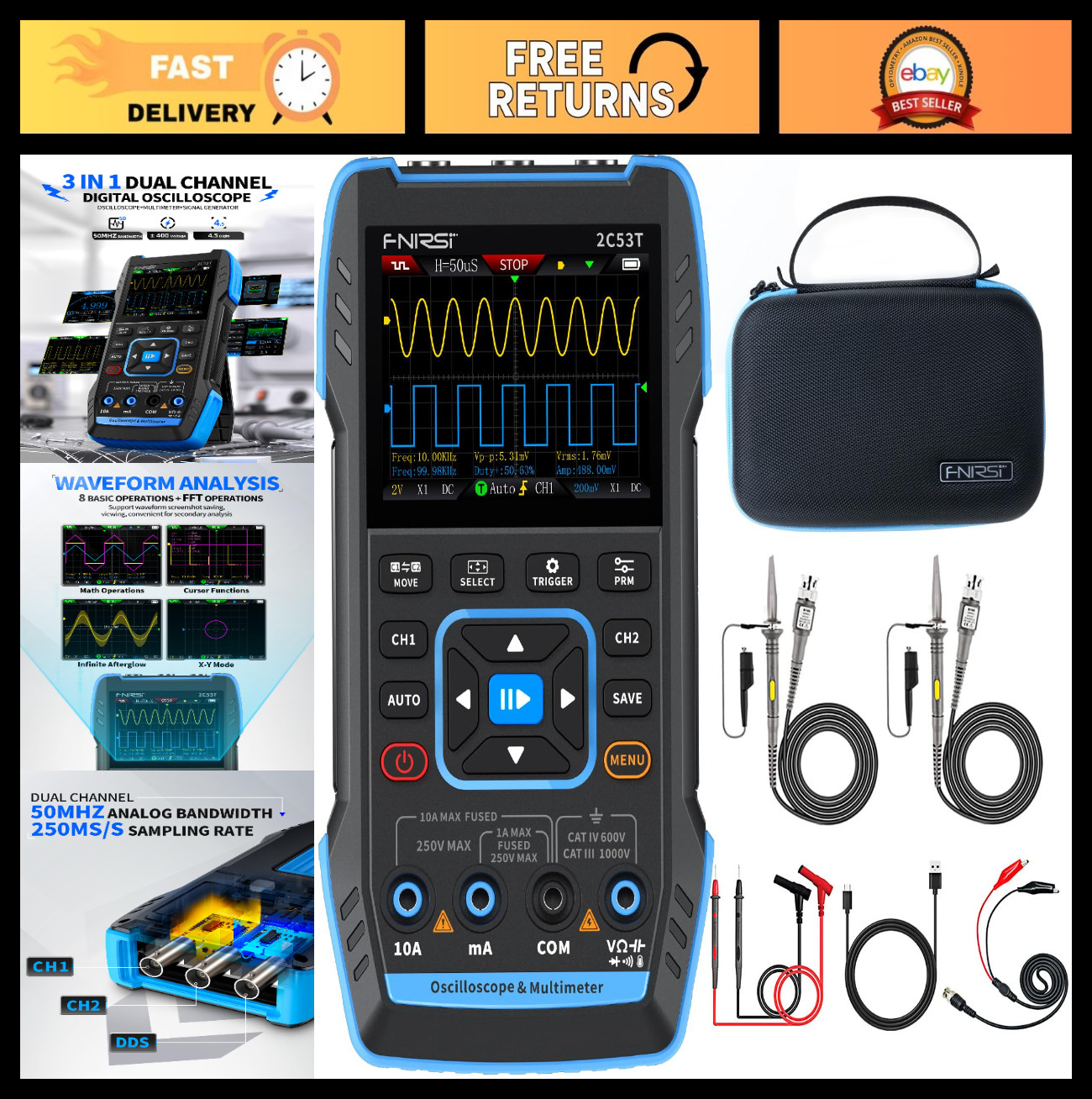 3-in-1 50MHz Oscilloscope Multimeter Signal Generator | 250MSa/s, 19999 Counts,