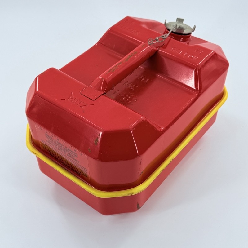 Vintage Blitz 2.5 Gallon Spare Fuel Tank Gas Can Red Metal w/ Yellow Tray