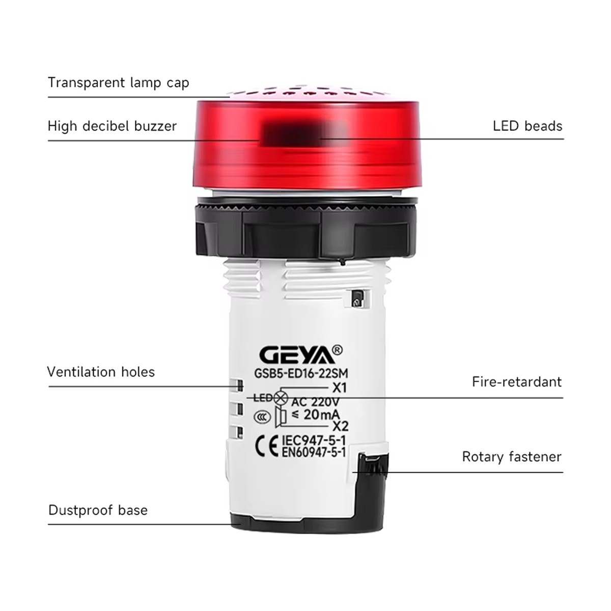 GEYA Intermittent Buzzer Alarm Flash LED Signal Light Indicator AC/DC 12/24/220V