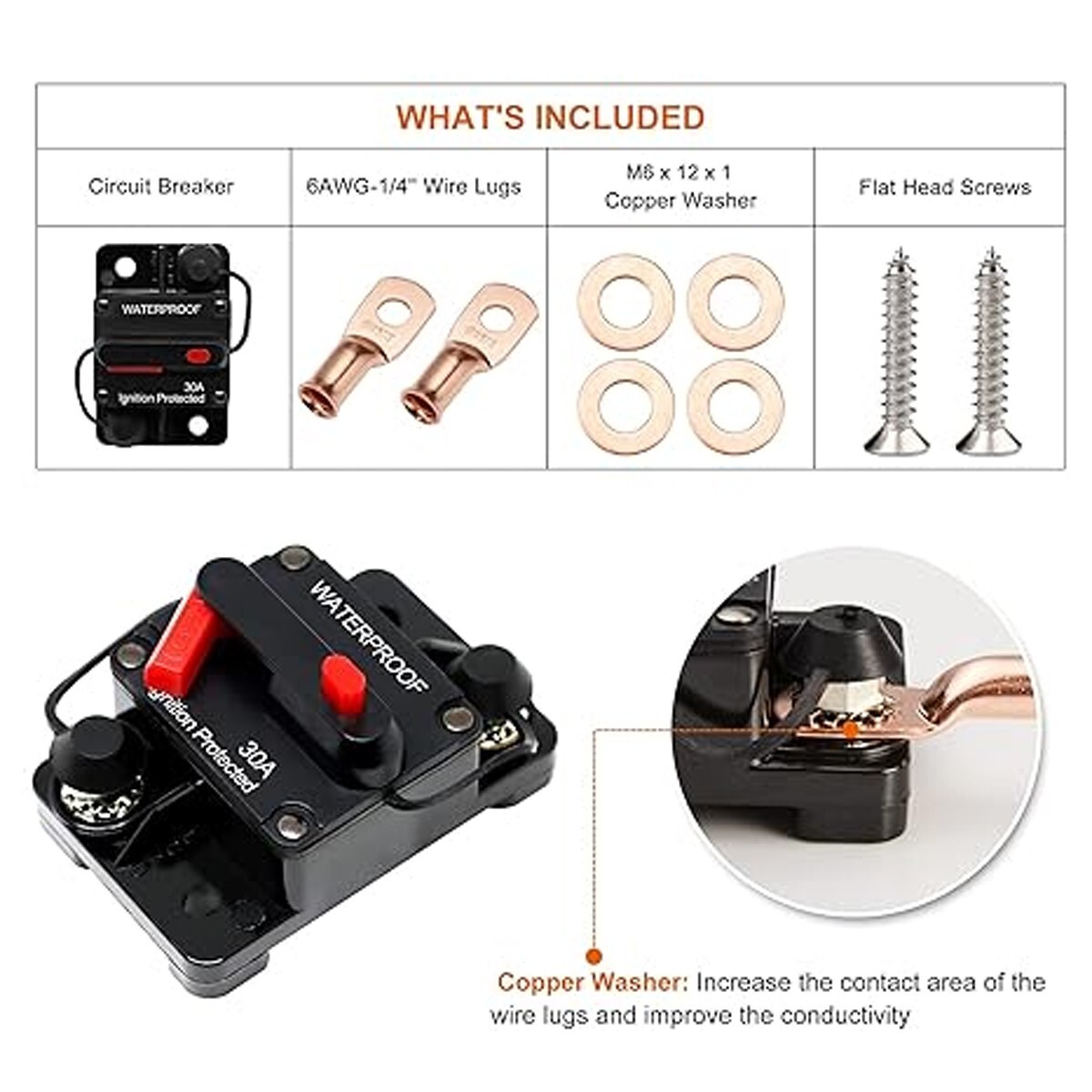 2 pcs 30A Automotive Marine Circuit Breaker with Manual Reset Surface-Mount