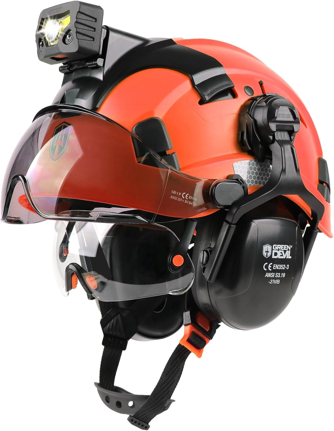 Hard Hat Safety Helmet with Rechargeable Headlamp Light and Visor Ear Muffs Vent