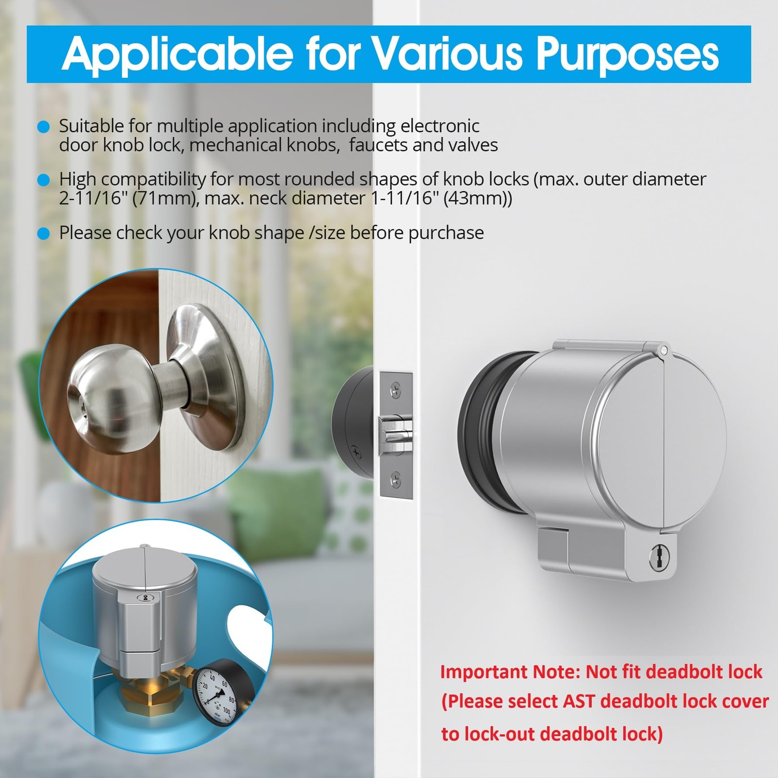 Door Knob Lockout Device Childproof 3 Keys Matte Silver Brass Keys Smart