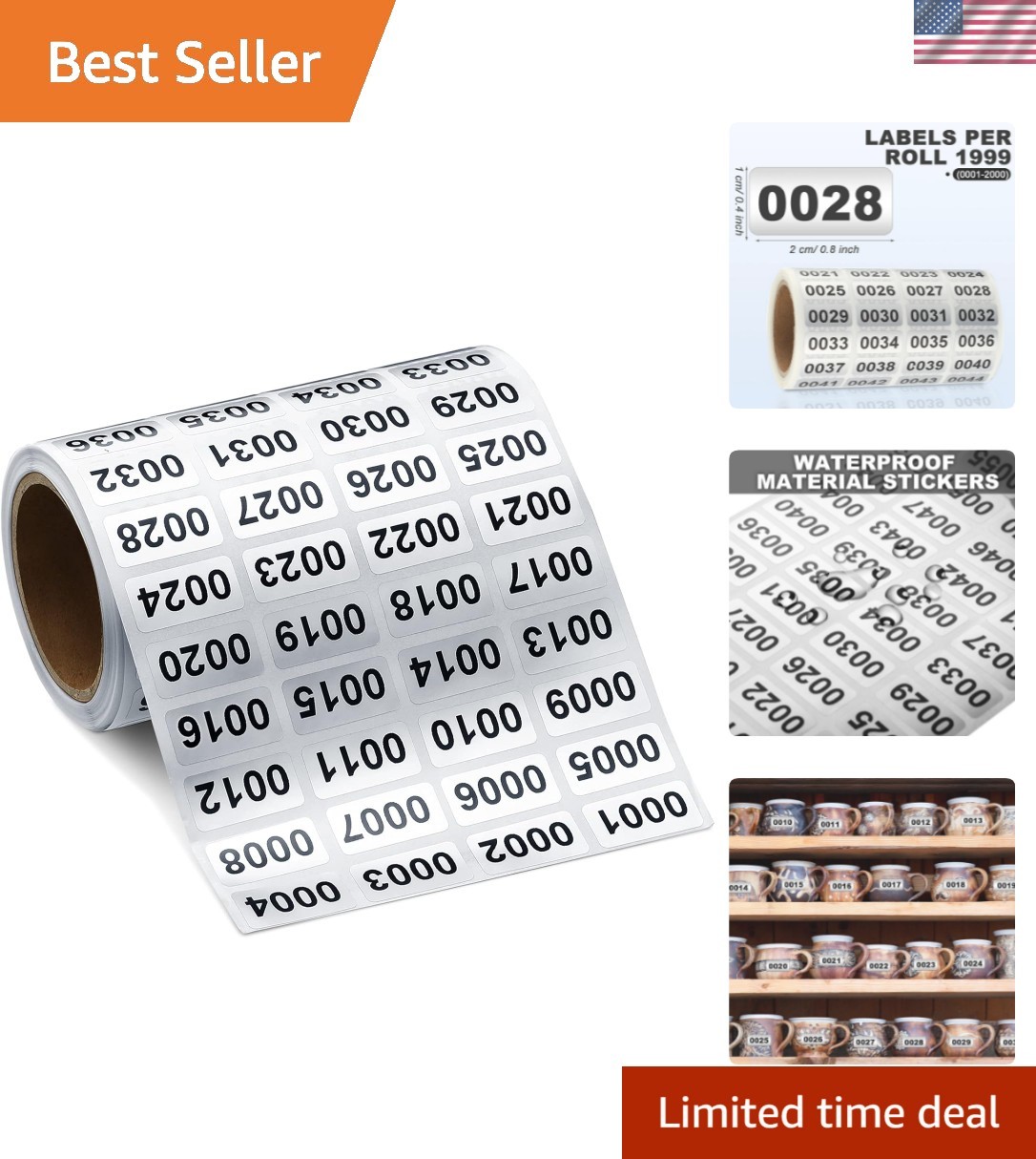 001-2000 Pieces Inventory Number Sticker Labels Self Adhesive Waterproof Labe…