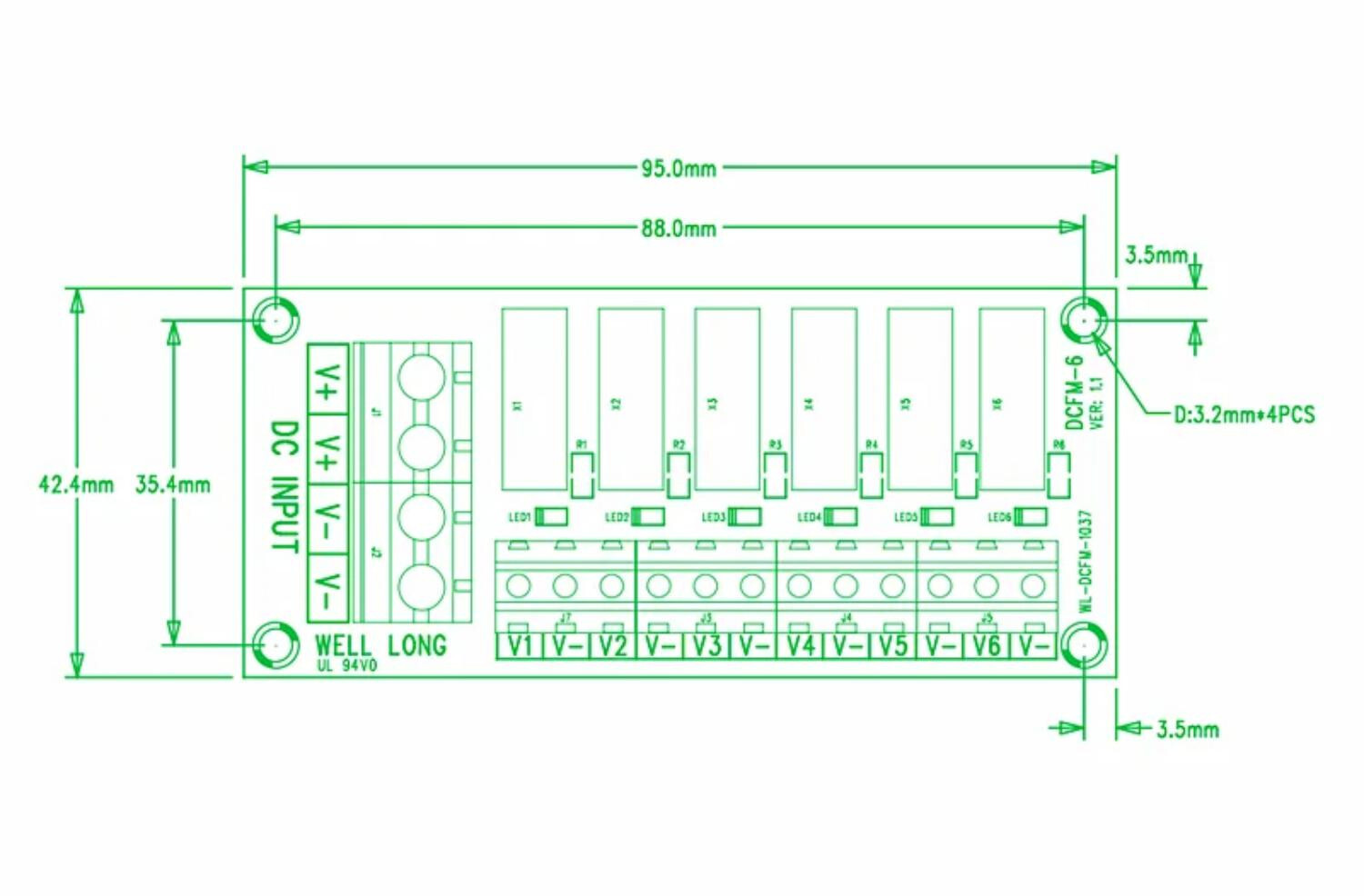 6 Position DIN Rail Mount DC Power Fuse Distribution Strip Module