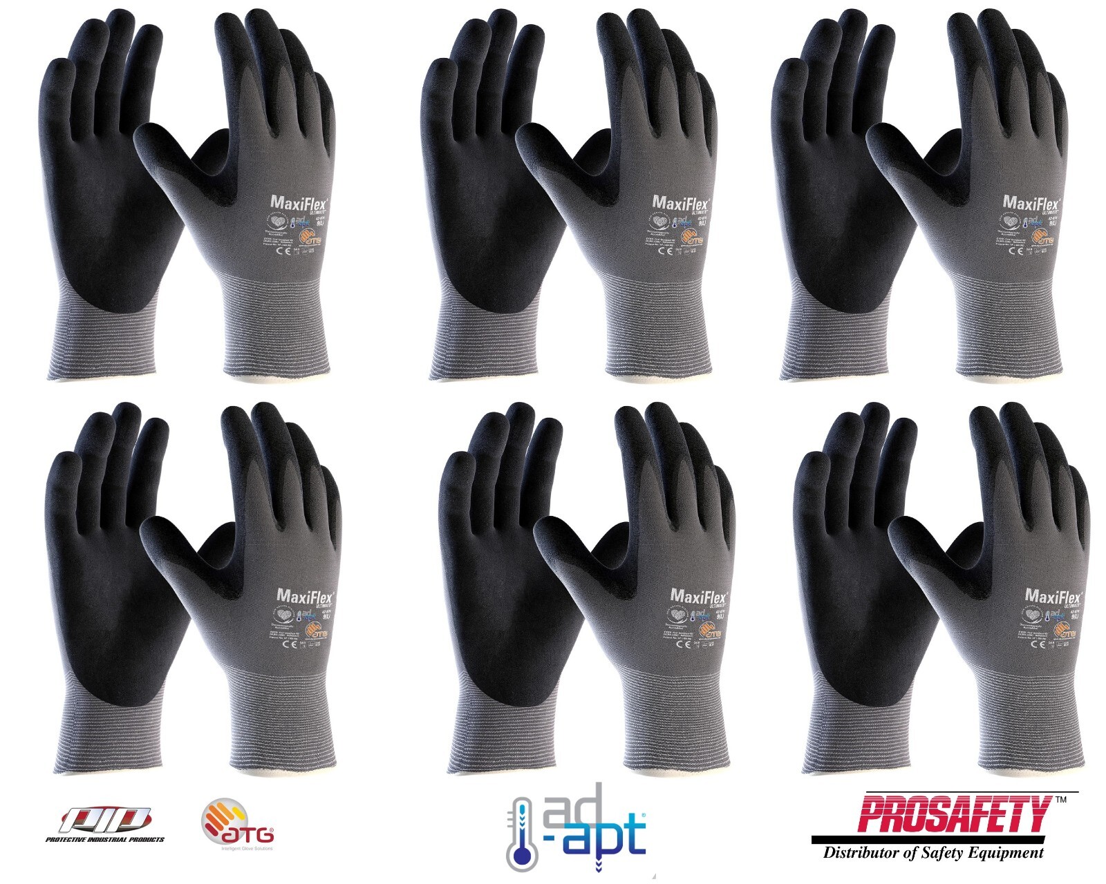 6 PR. 42-874 MaxiFlex Micro Foam Nitrile Grip Palm Coated PROTECTIVE WORK GLOVES