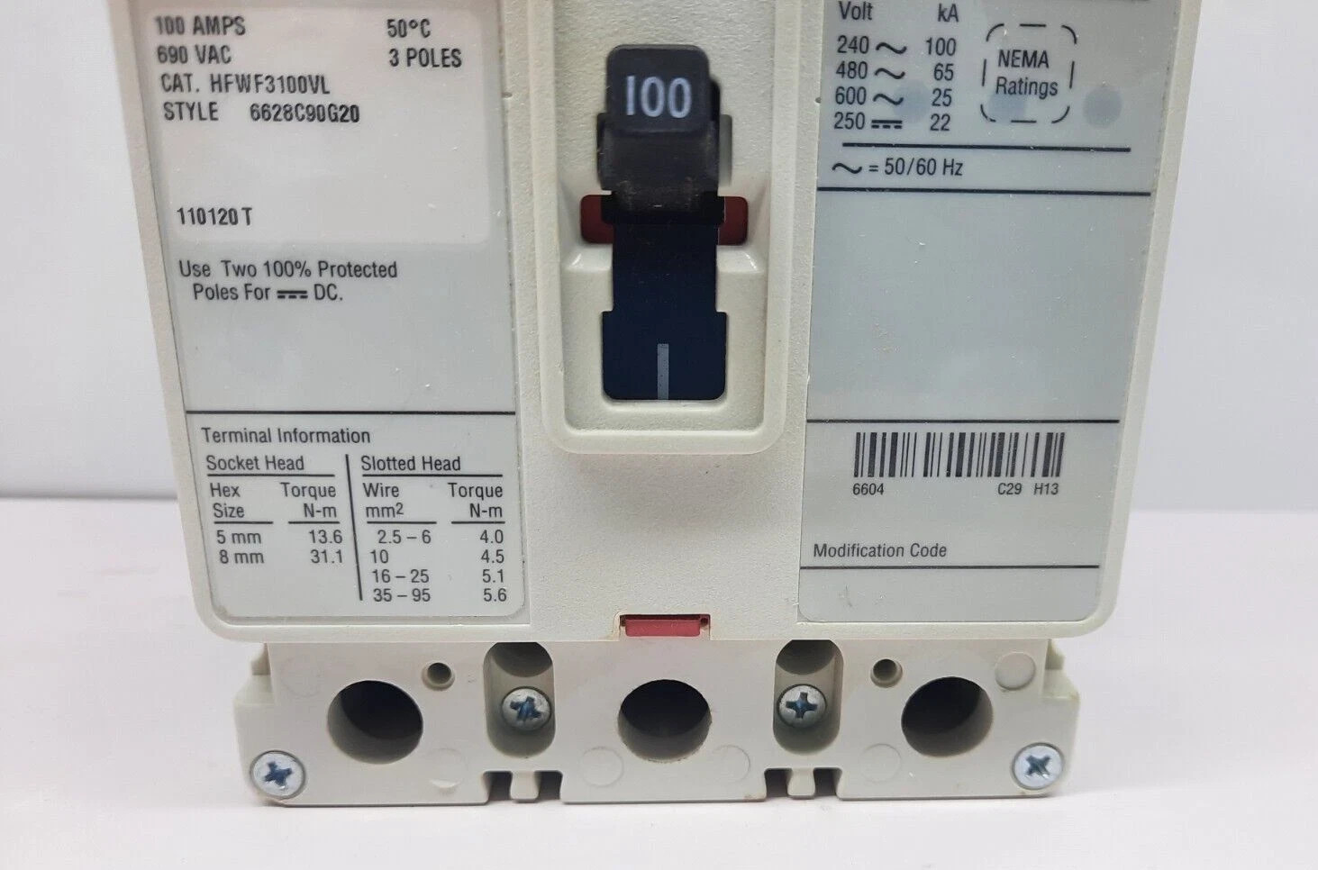 CUTLER HAMMER HFWF3100VL3 POLE 100 AMPS HFW 70K CIRCUIT BREAKER 690VAC
