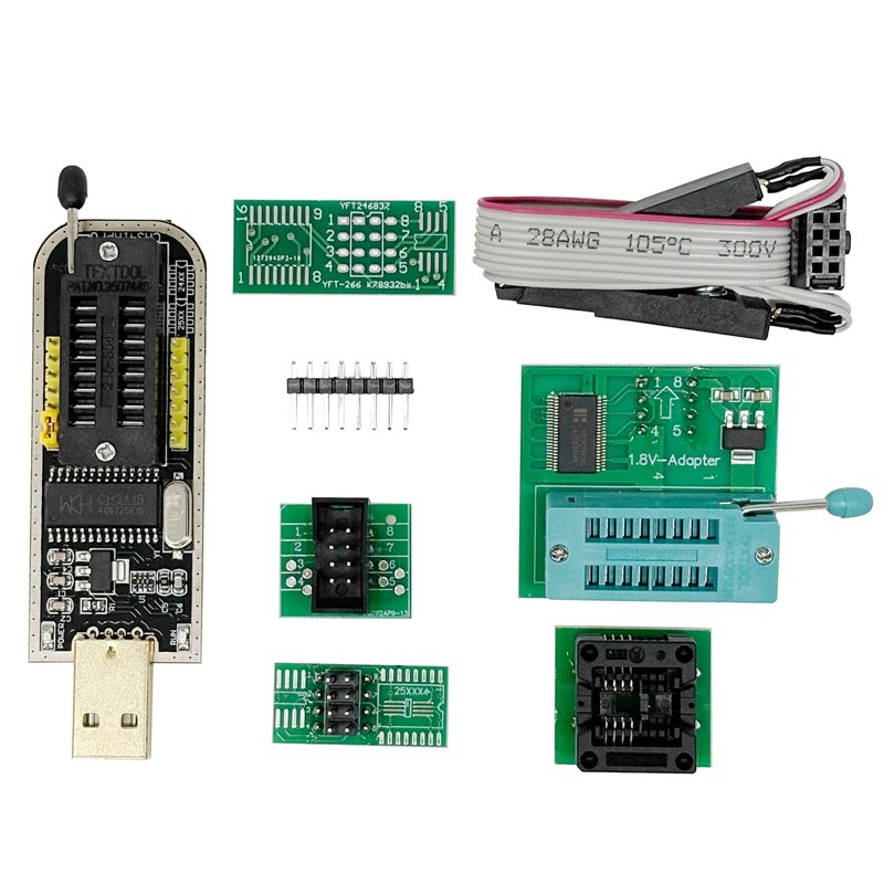 CH341A Flash Programmer Kit w/ SOIC8 Test Clip +1.8V Adapter & SOP8 Adapter