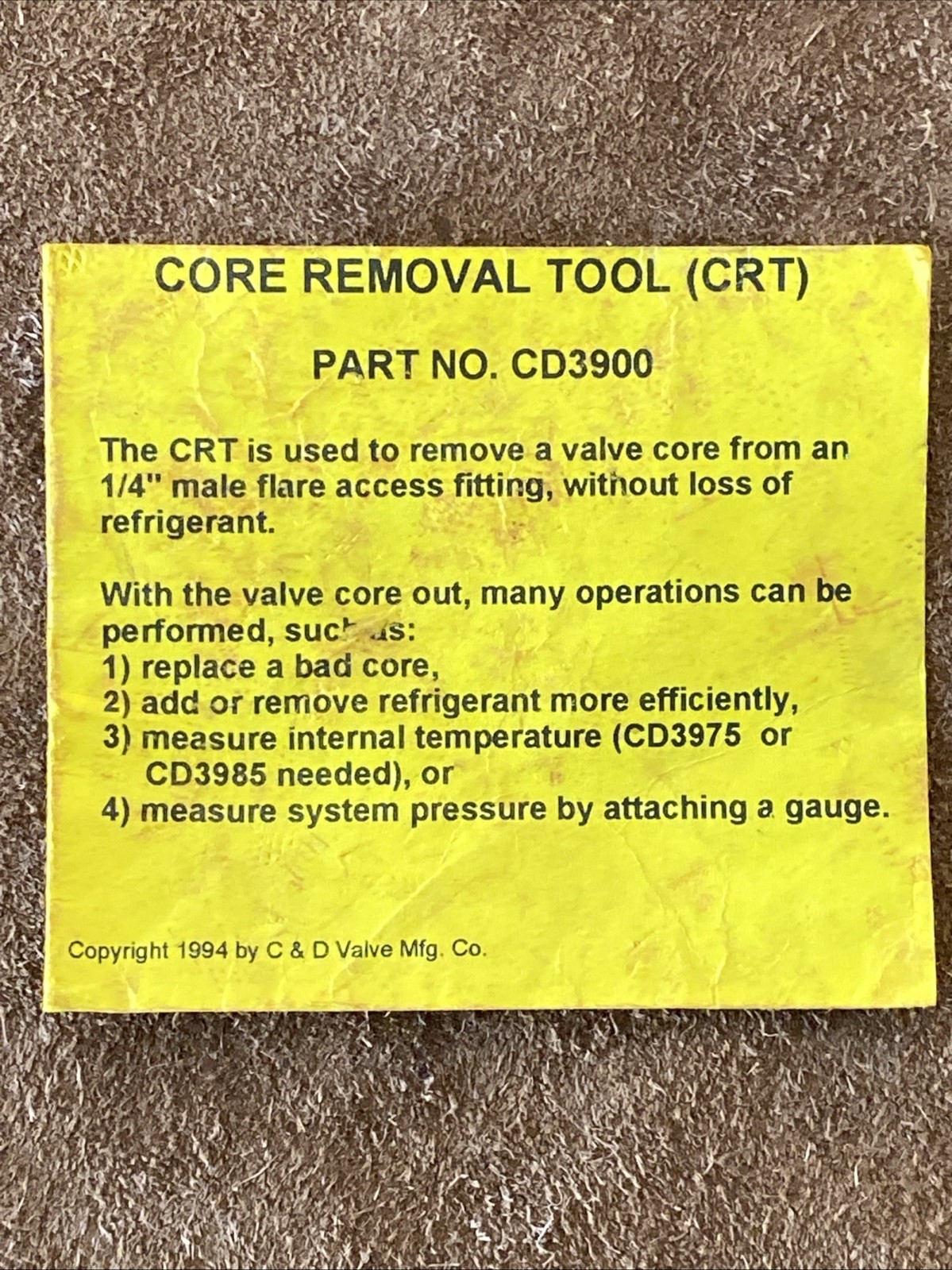 C&D CD3900 Valve Core Removal Tool 1/4 Flare Access Fitting w/ Orig Instructions