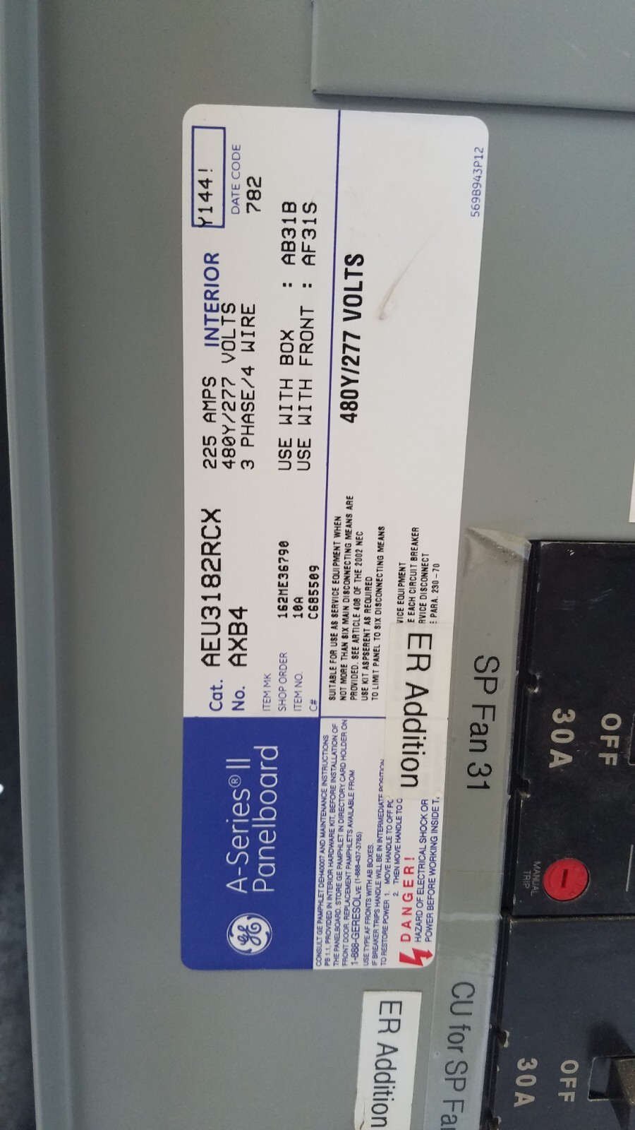 AEU3182RCX GE 225 Amp 480Y/277V 3Ø 4W 18ct. N1 Main Lug Panel w/ 4 TEY Breakers