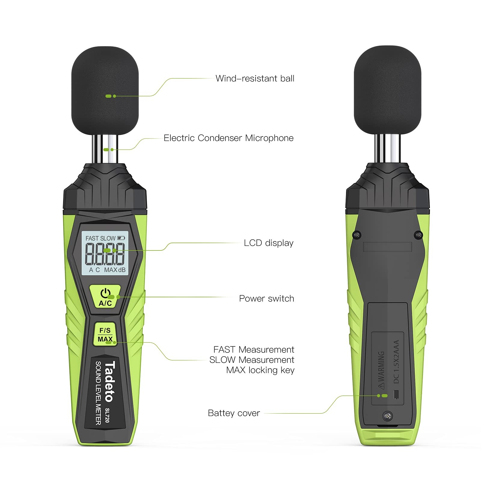 Digital Sound Level Meter 30-130dB SPL, LCD Backlight, A/C Weighted, Data Hold