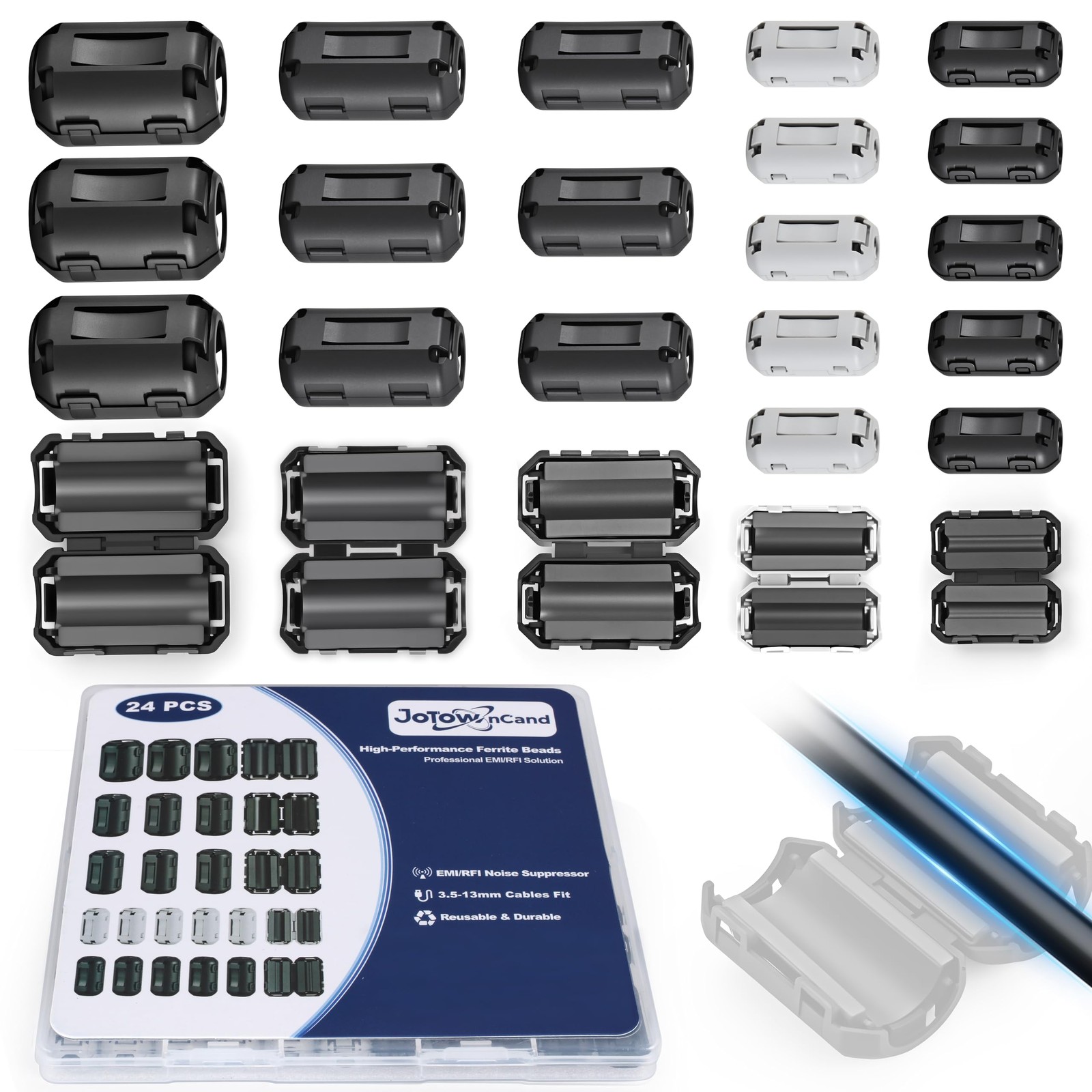 24PCS Snap-On Ferrite Beads EMI RFI Noise Filter Choke Core Kit 3.5-13mm