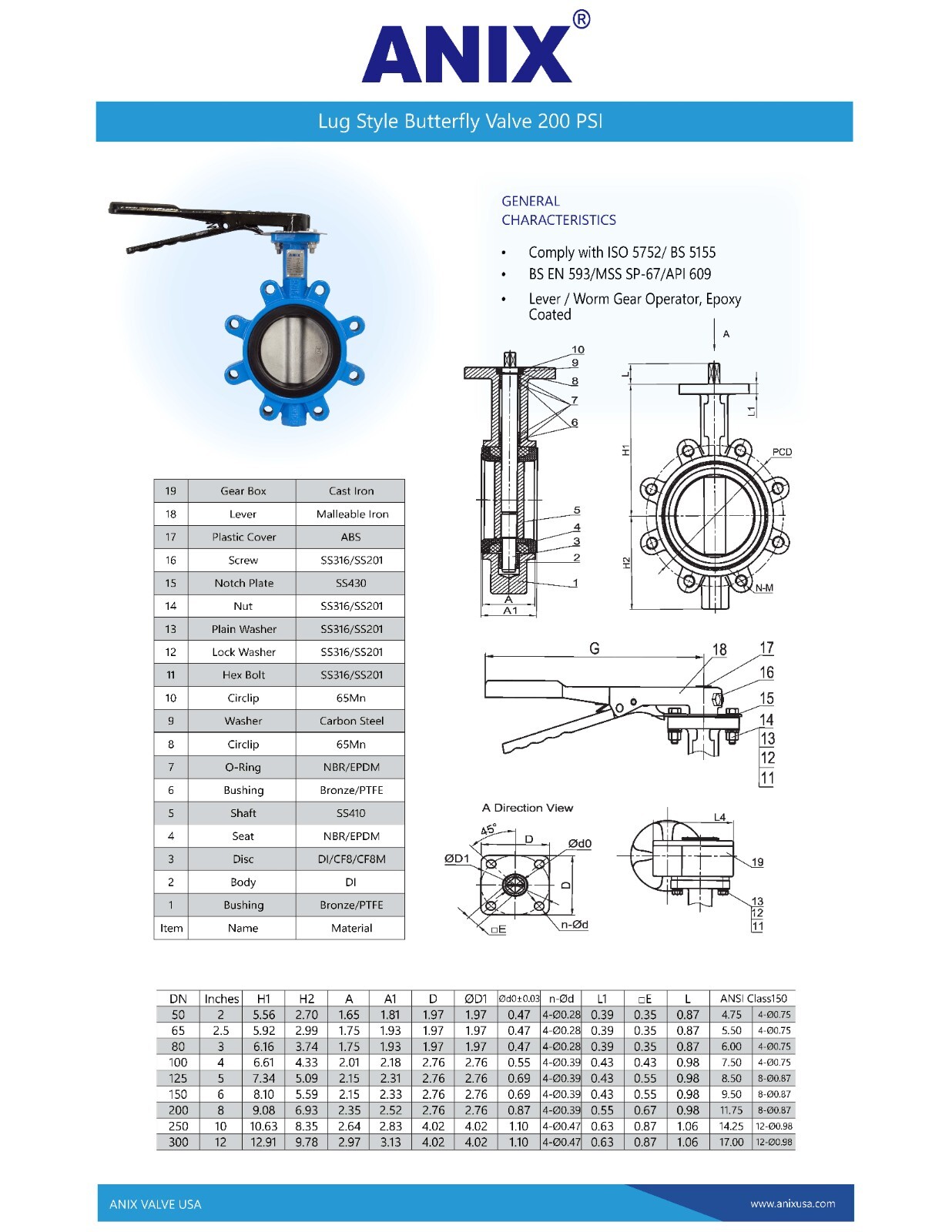 4″ Lug Butterfly Valve 200PSI, Ductile Iron Body BUNA Seat, Epoxy Coated DI Disc