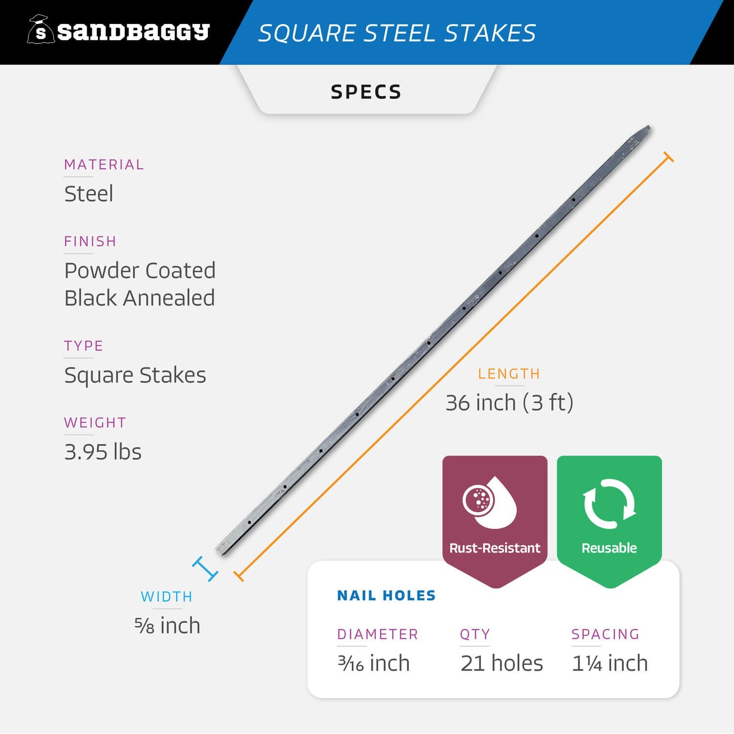 Sandbaggy 36″ Square Steel Concrete Form Stakes with Nail Holes – Rust Resistant