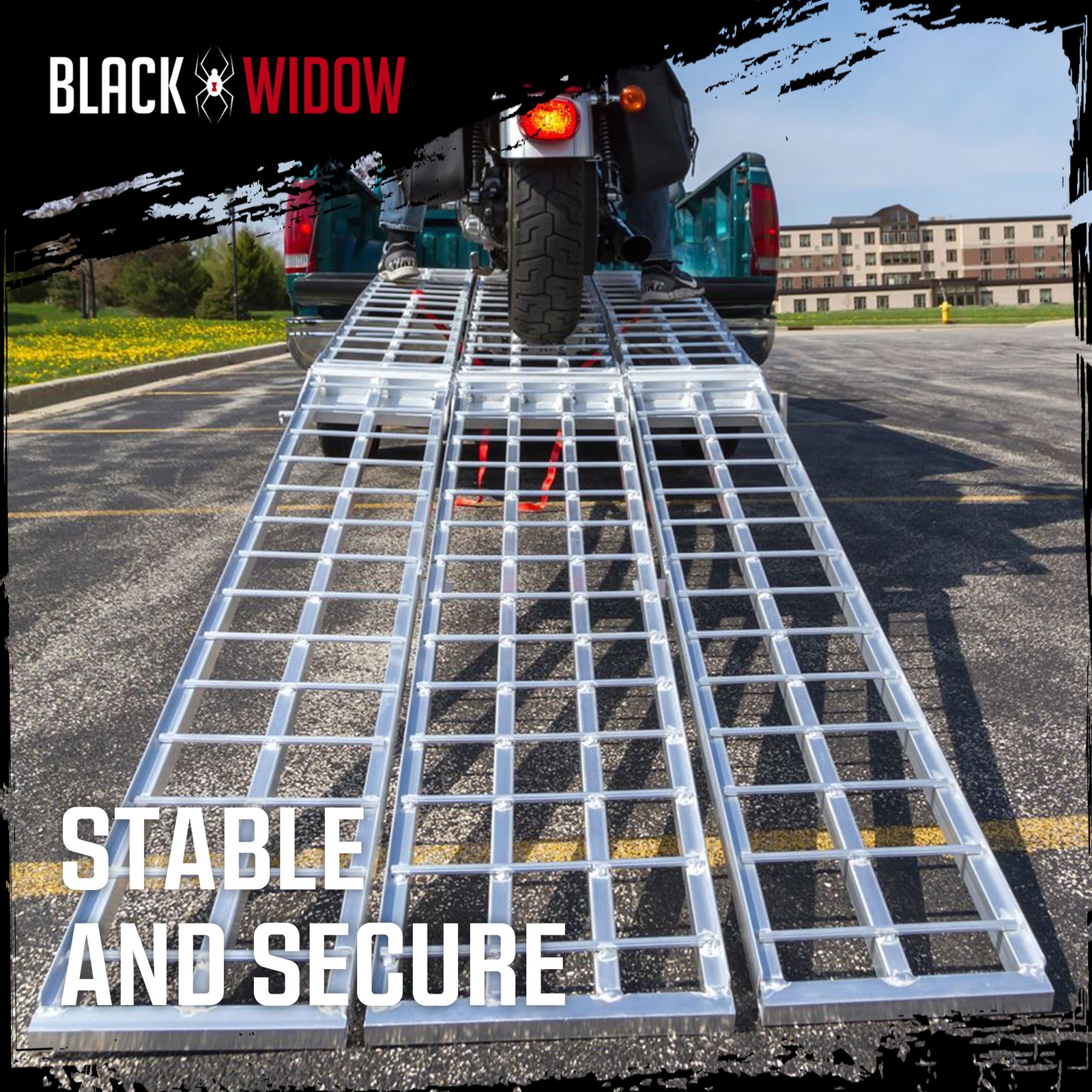 Black Widow 10′ Folding Motorcycle Ramp for Pickup Truck, Arched 3 Pieces Silver