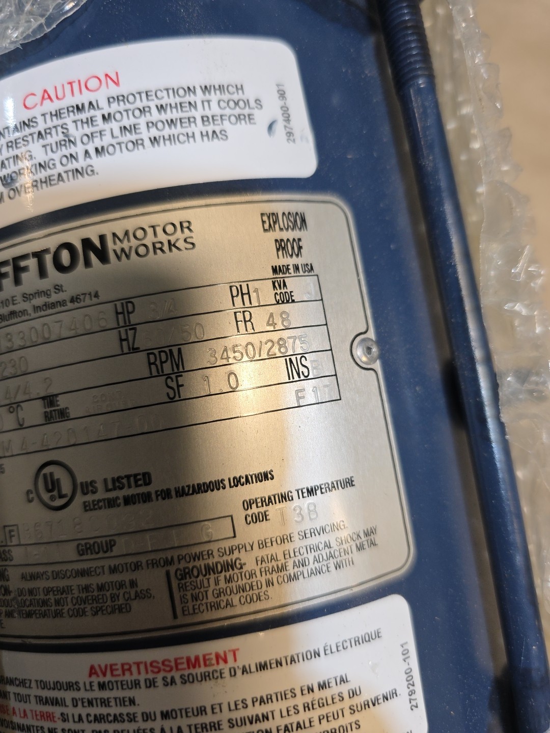Bluffton 4133007406 3/4hp Explosion Proof Motor 1 Phase 115/230v 3450/2875 RPM