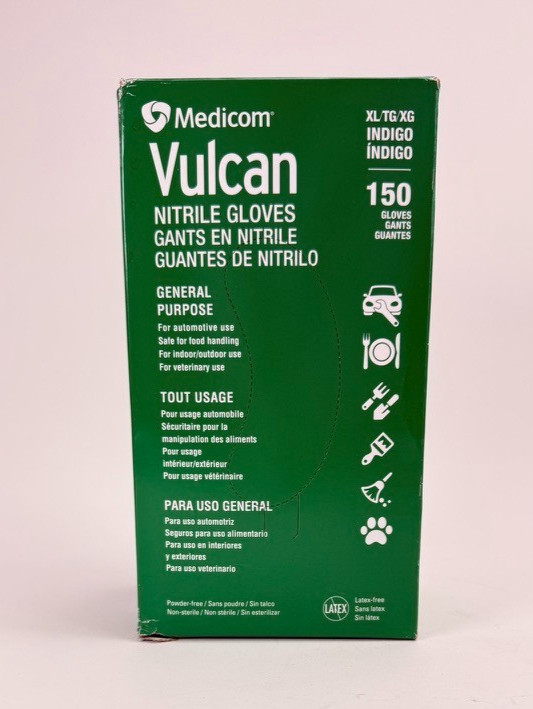 Medicom Vulcan Nitrile XL Gloves Indigo Colour, 150 Count NEW (Open Box)