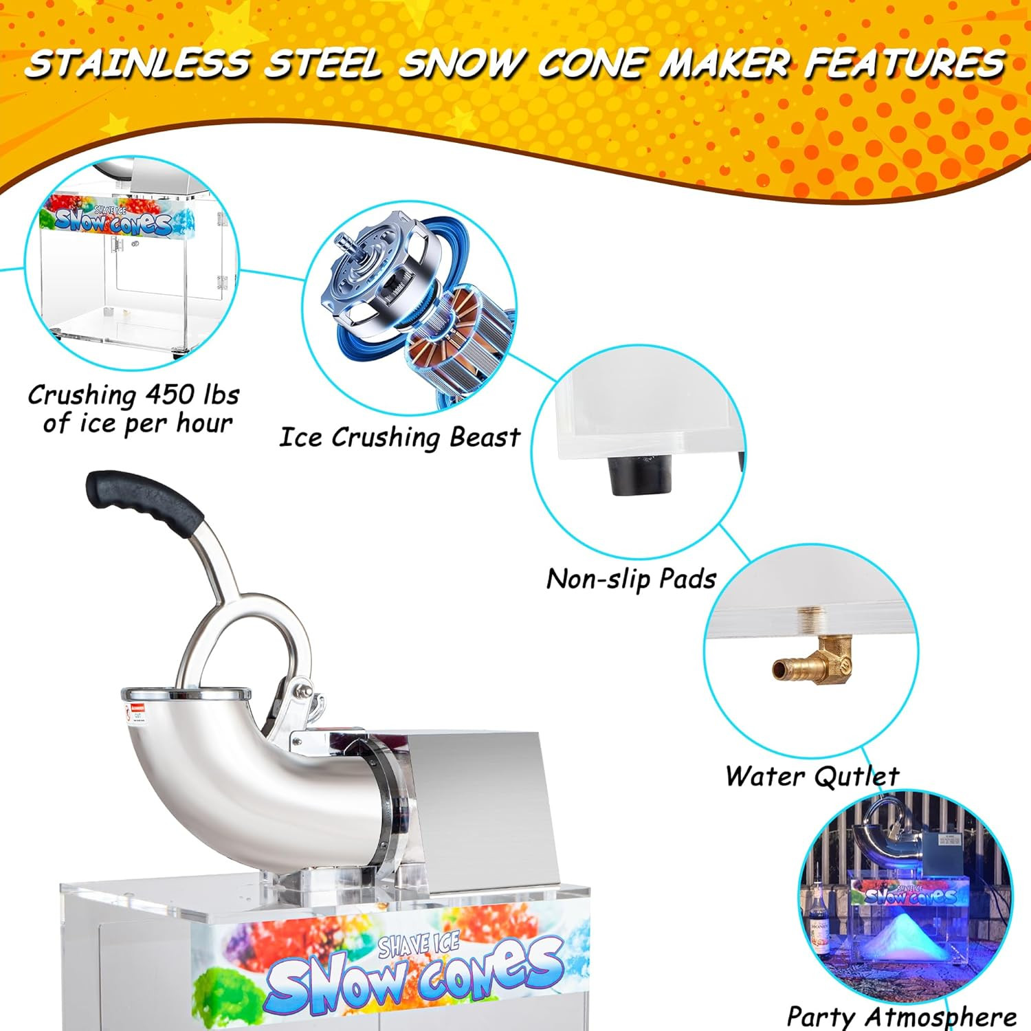 48L Snow Cone Machine, 500LB/H Commercial Shaved Ice Machine, 300W Electric Ice