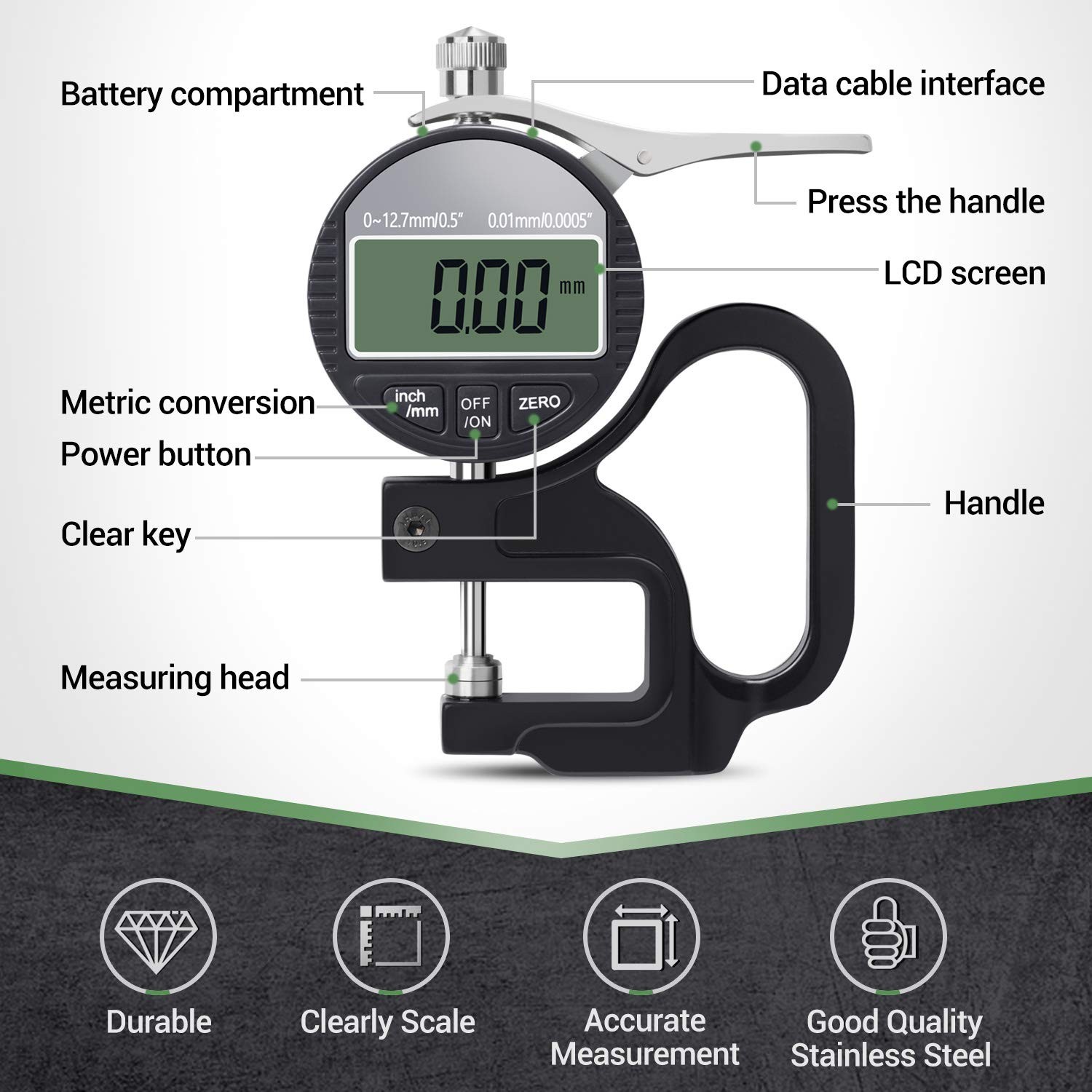 Digital Thickness Gauge 0.5 Inch/12.7mm 0.0005 Inch/0.01mm Metric Meter Tool