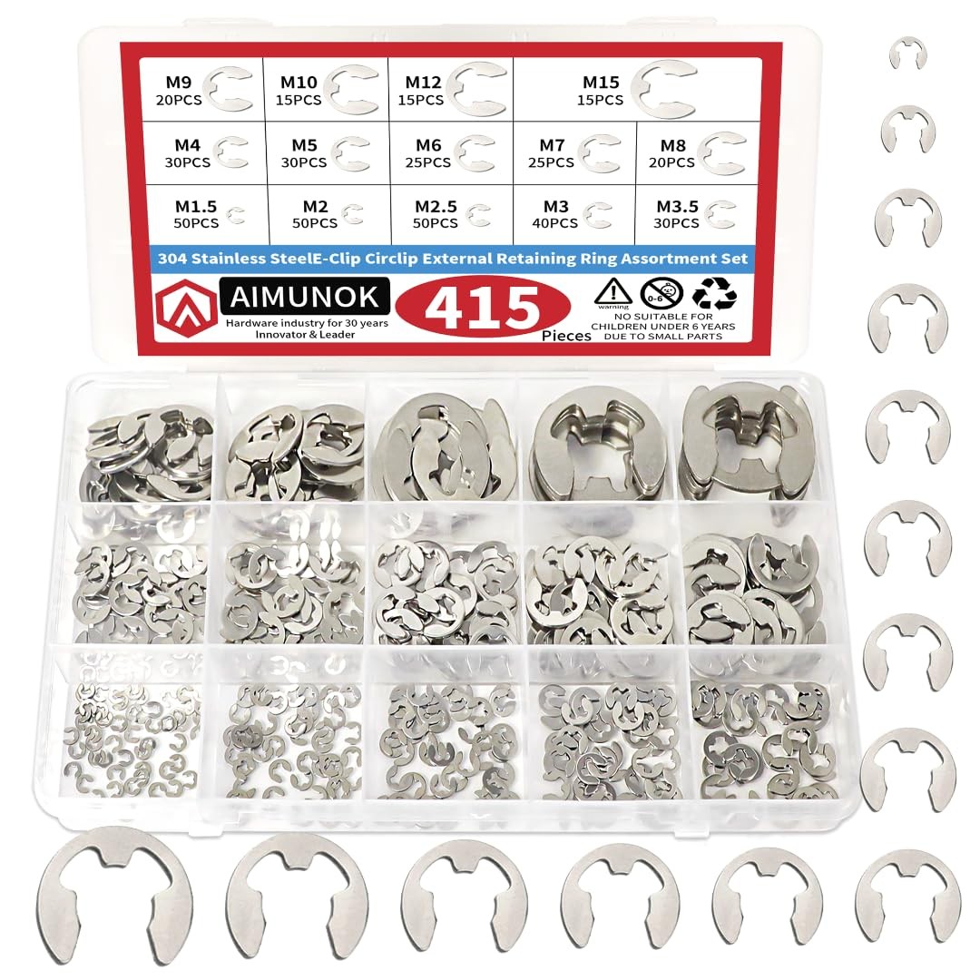 E-Clip Retaining Rings Set 415 Pcs 304 Stainless Steel 14 SAE Sizes M1.5-M15