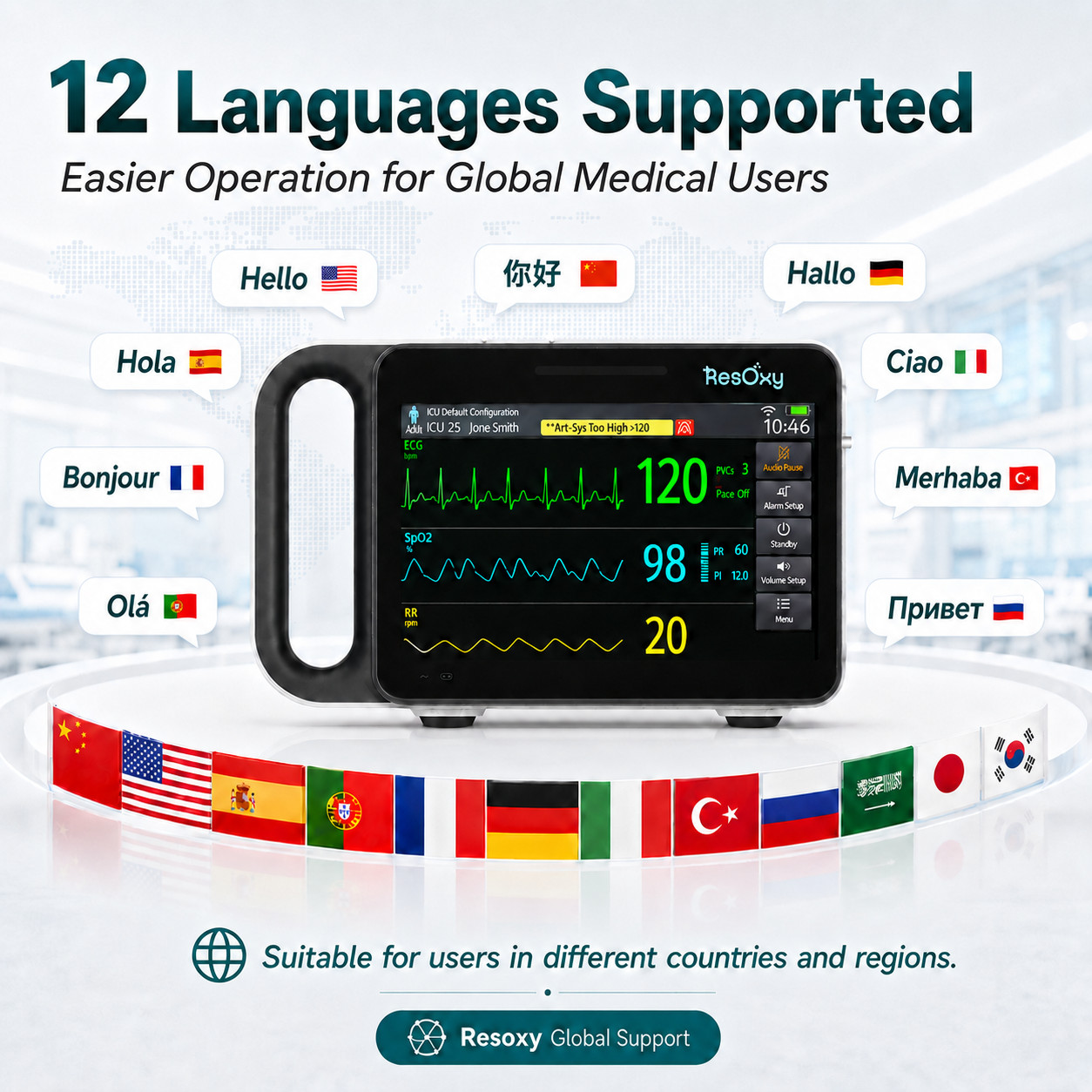 7″ Handheld Patient Monitor Vital Signs Monitor ECG/NIBP/TEMP/RESP/SPO2/PR