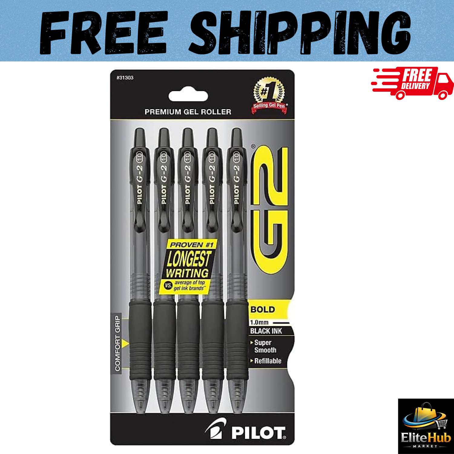 Pilot G2 Premium Gel Pens, Black Pens, Bold Point 1 mm, Pack of 5, Black