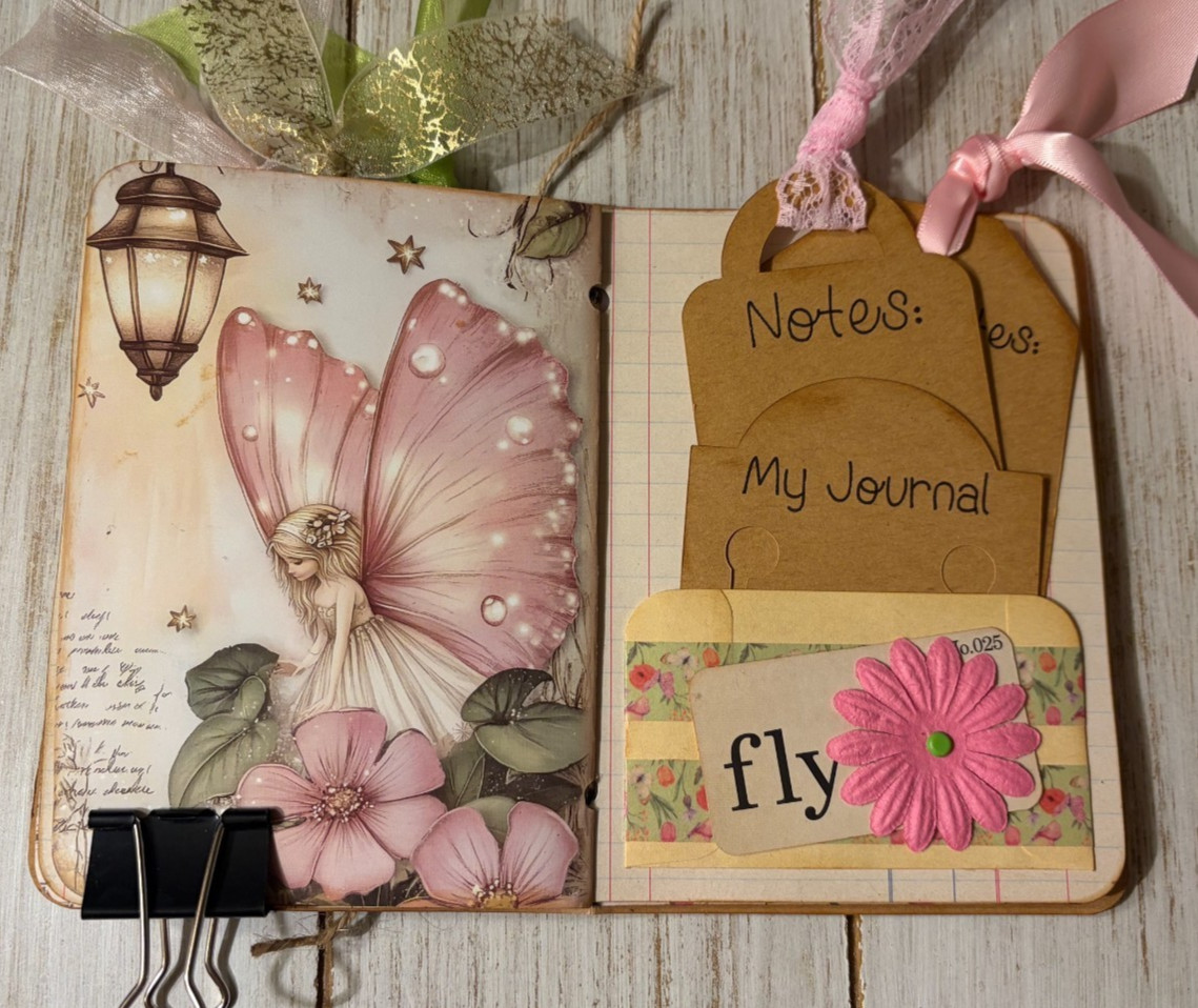 Junk Journal Handmade Booklet Book Vintage «Pink Fairies» Pockets, Ephemera