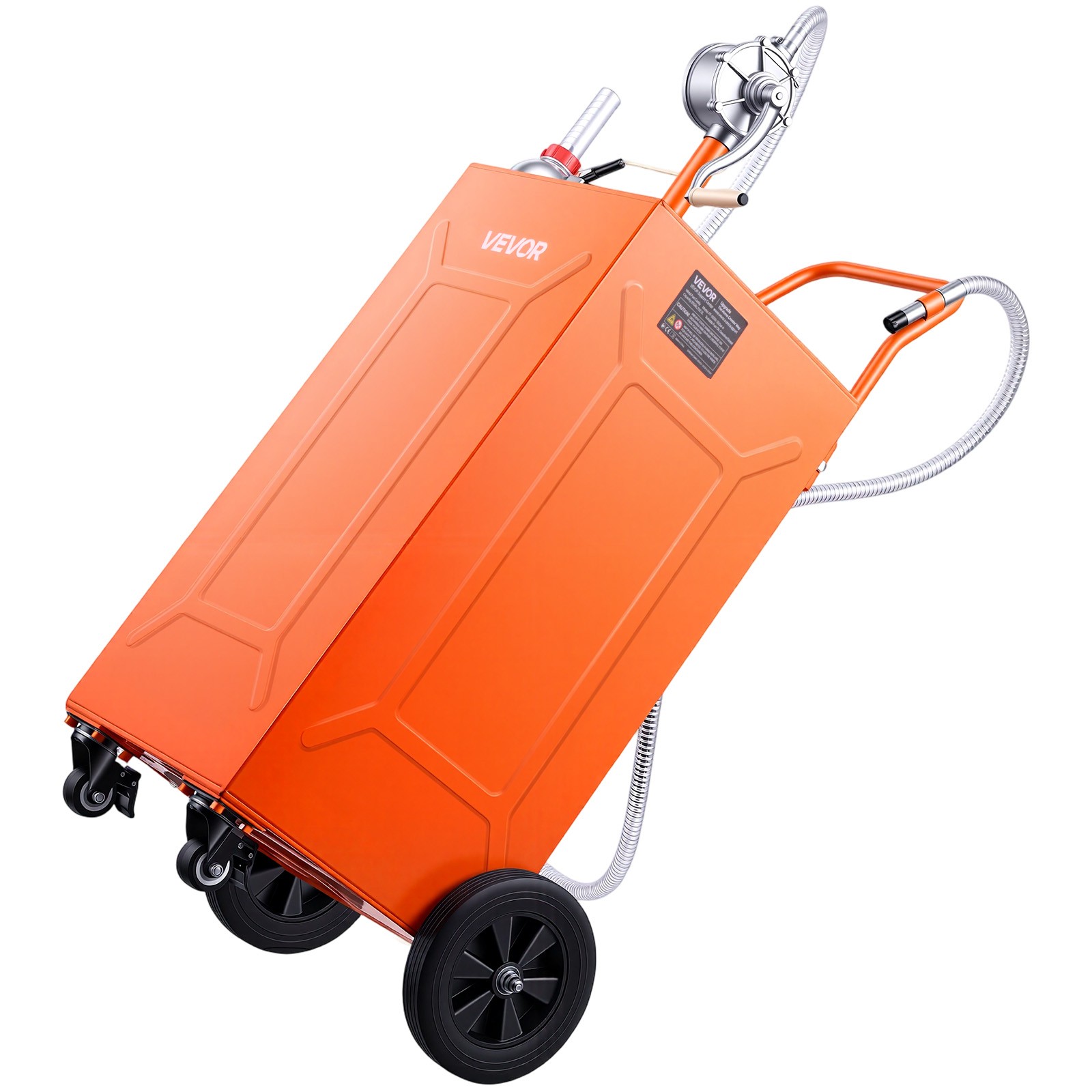 VEVOR 35 Gal Fuel Gas Caddy Portable Storage Tank Manual Pump 4 Wheels Orange