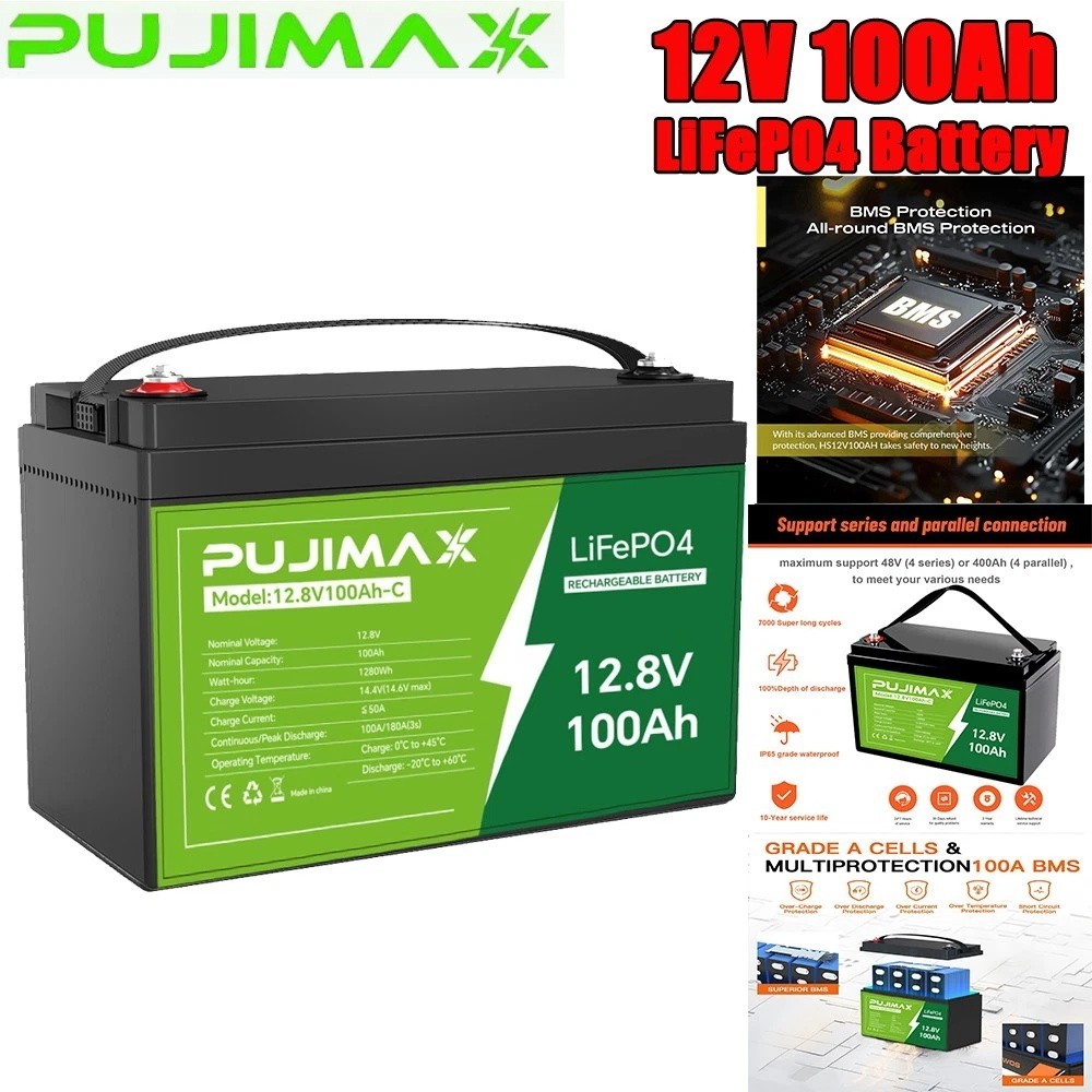 12V 100Ah LiFePO4 Lithium Battery for Solar Home Back Up RV Off-grid BMS 12.8V