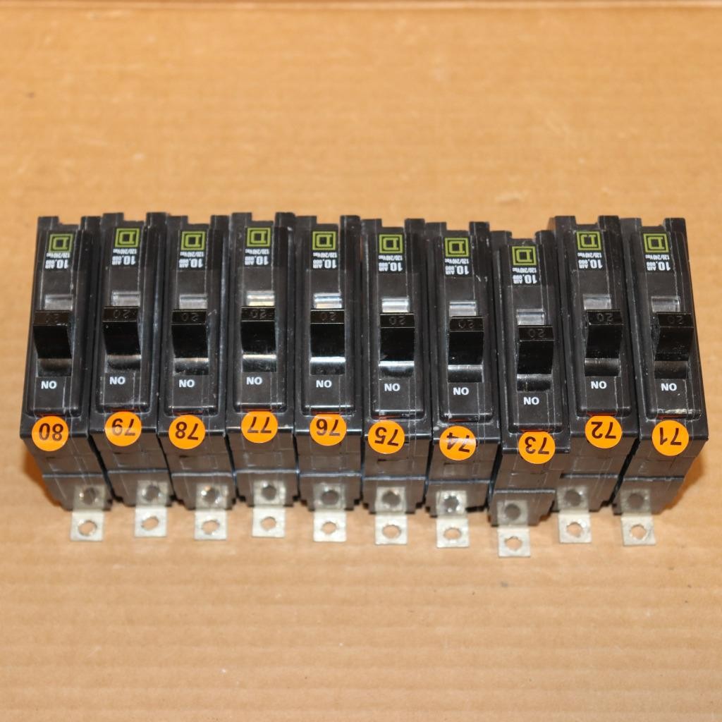 Lot of 10 Square D QOB120 1 Pole 20 Amp Bolt In Breakers OG#71-80